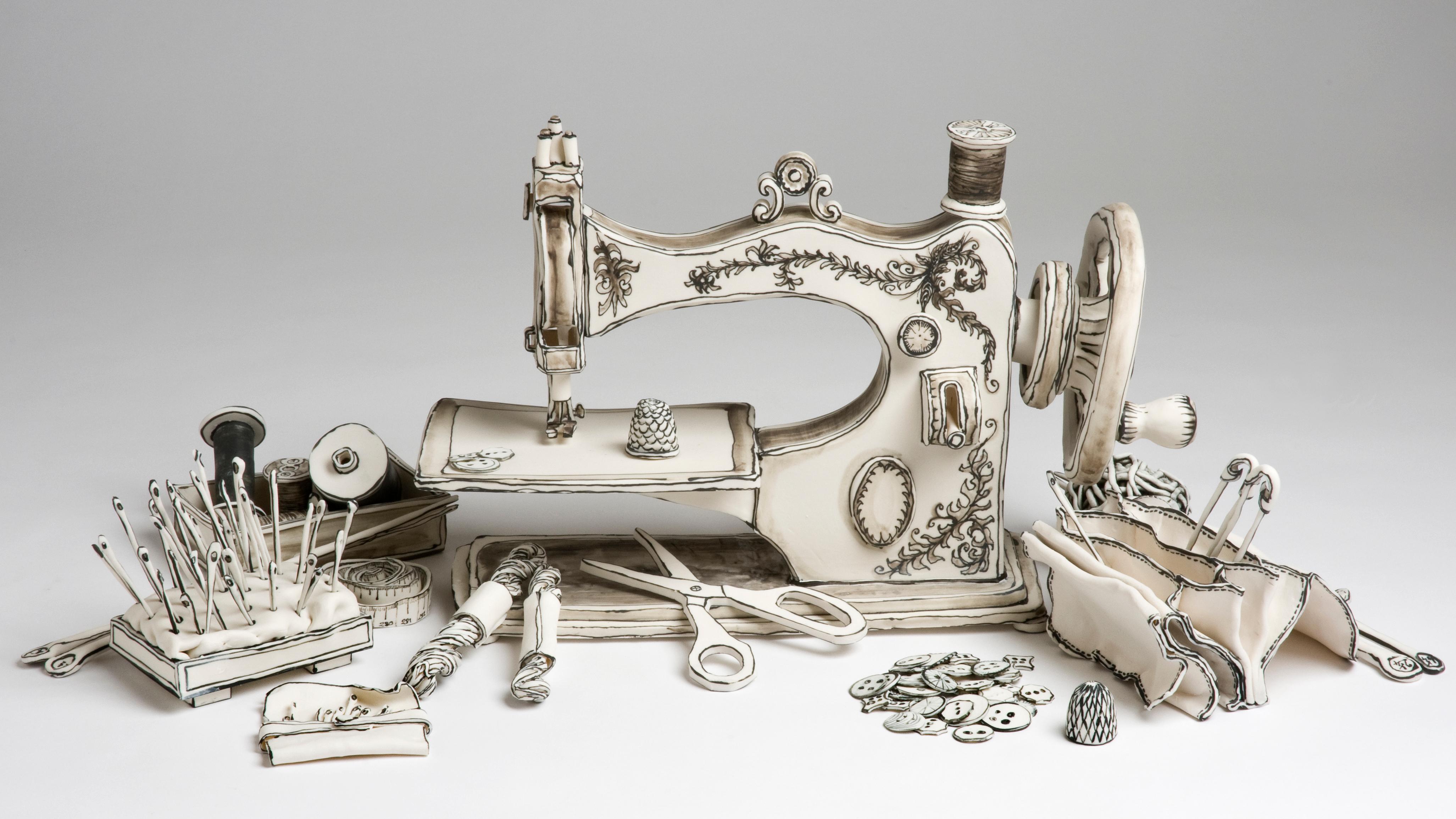 Stitched Up: Black & white porcelain ceramic surreal pop sculpture installation
