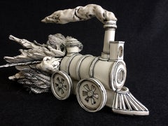 "Strange Cargo", whimsical porcelain black and white sculpture of moving train