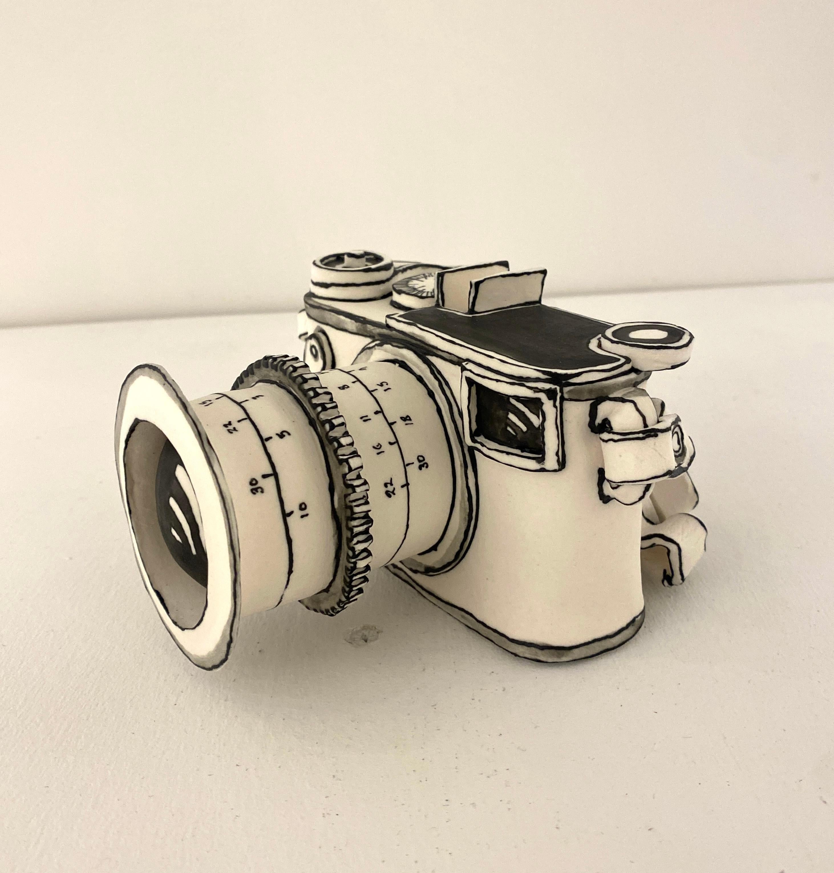The Original Camera, handmade porcelain sculpture in black and white - Sculpture by Katharine Morling