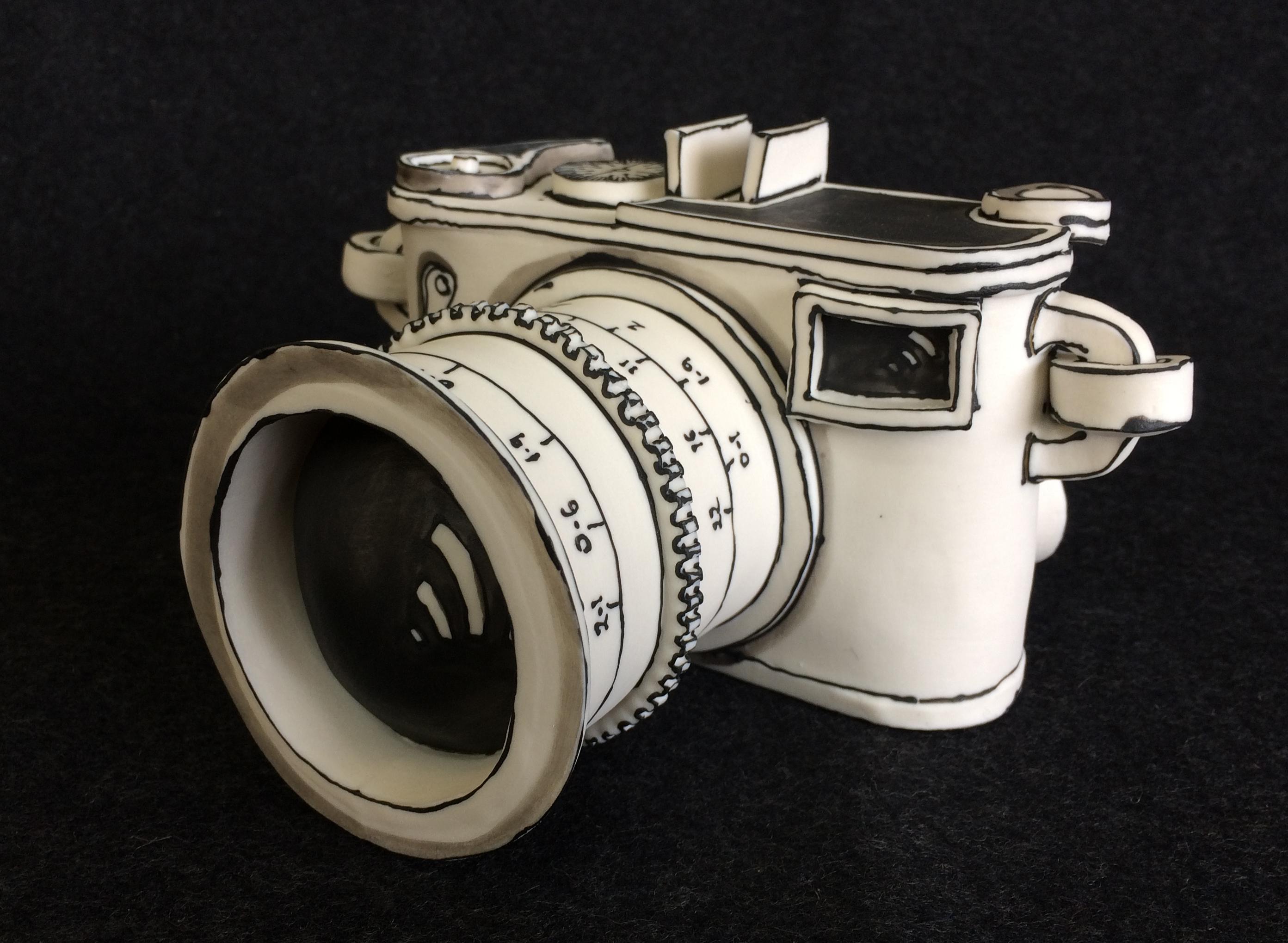 Katharine Morling Still-Life Sculpture - The Original Camera, handmade porcelain sculpture in black and white
