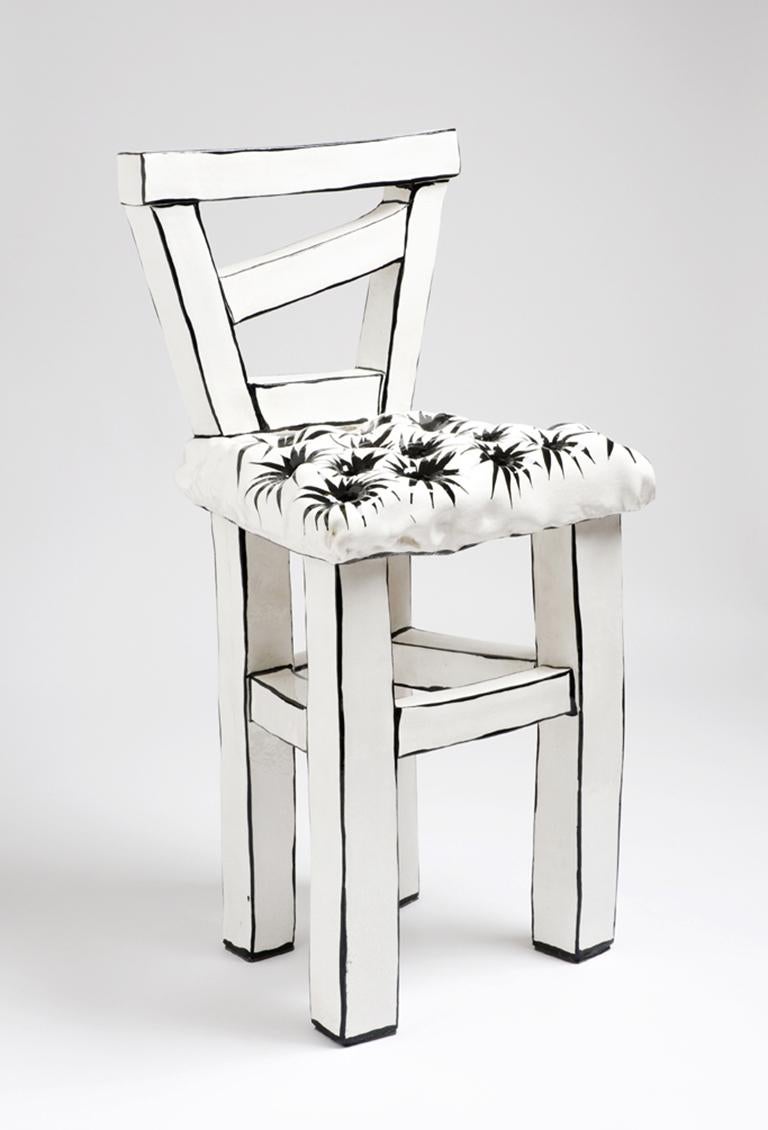 Katharine Morling Still-Life Sculpture - "Upholstered Chair, " porcelain and black stain ceramic life-size chair sculpture