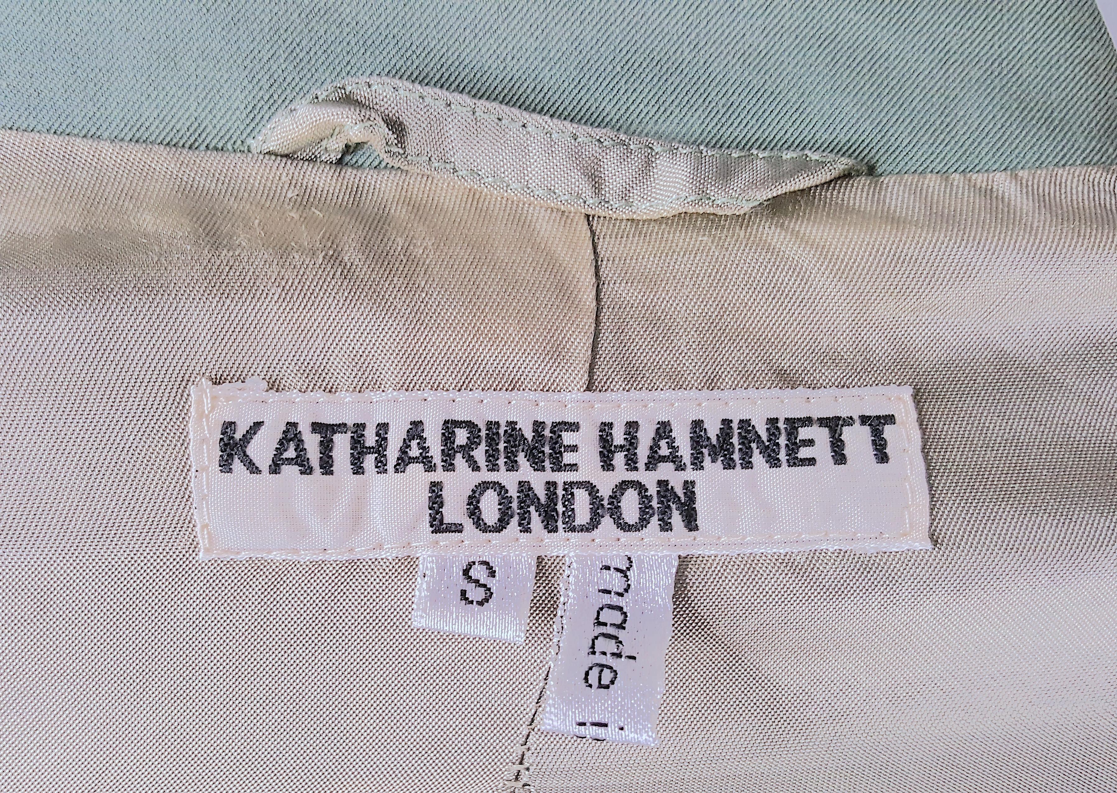 1991 RunwayLook1 KatharineHamnett IridescentGreen FeltedCollar Fitted Skirt Suit For Sale 7