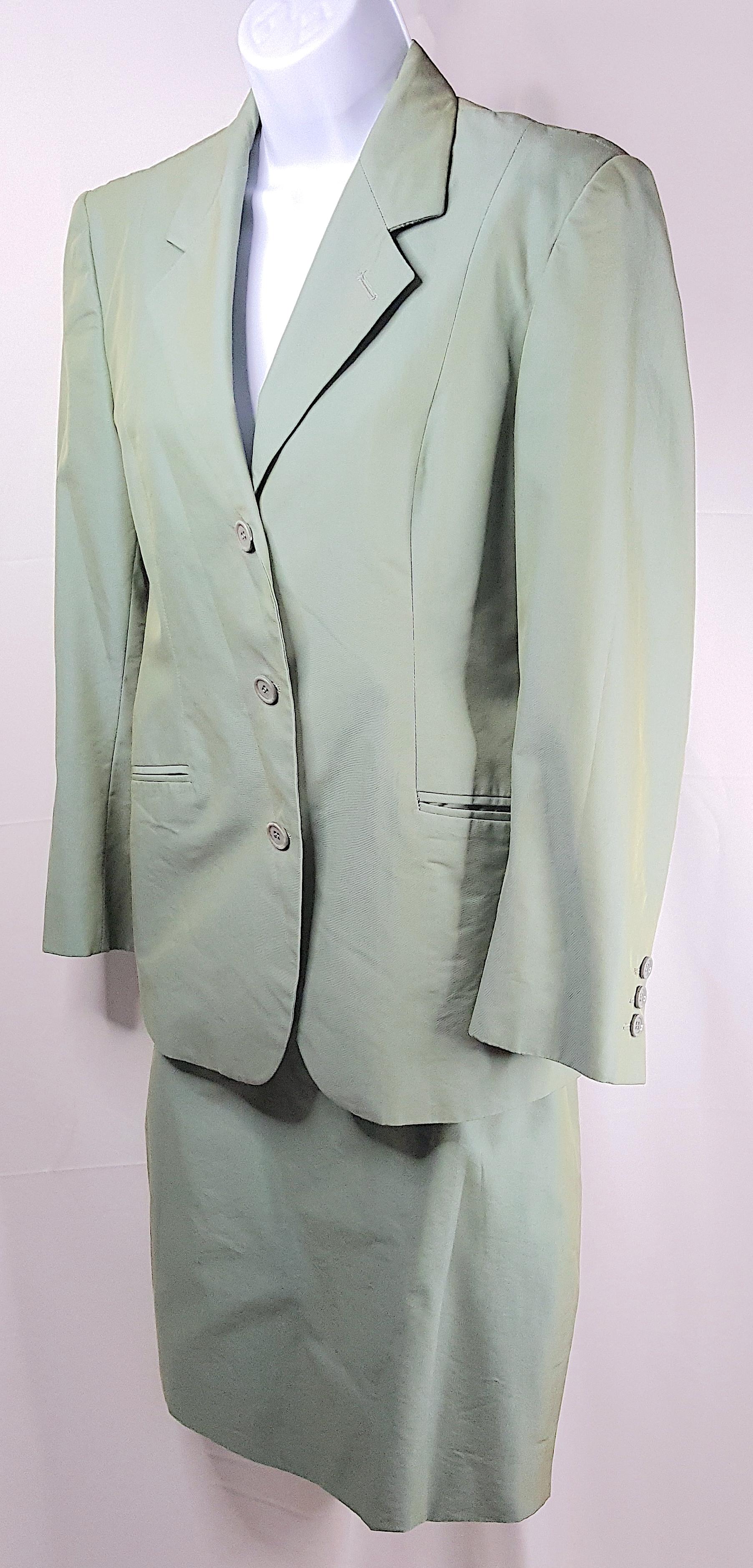 1991 RunwayLook1 KatharineHamnett IridescentGreen FeltedCollar Fitted Skirt Suit For Sale 1