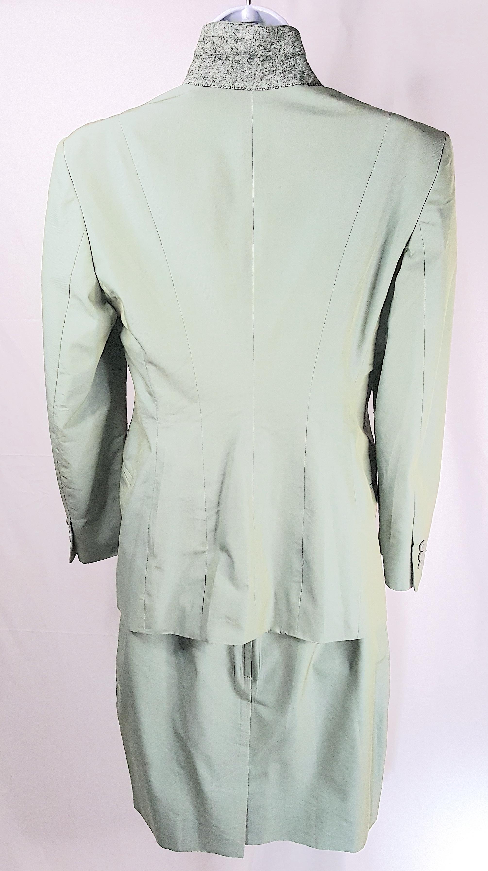 1991 RunwayLook1 KatharineHamnett IridescentGreen FeltedCollar Fitted Skirt Suit For Sale 3