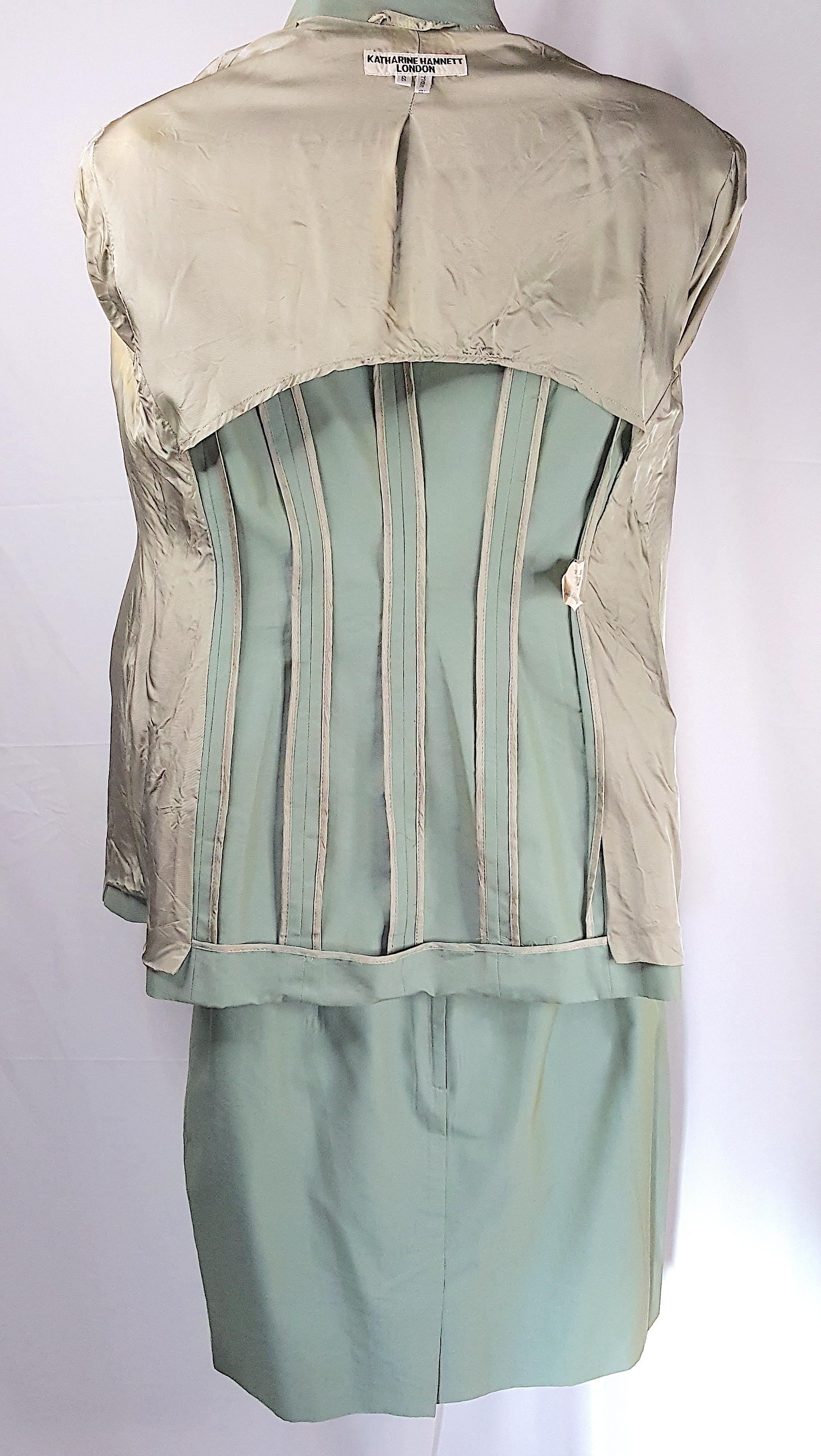 1991 RunwayLook1 KatharineHamnett IridescentGreen FeltedCollar Fitted Skirt Suit For Sale 5