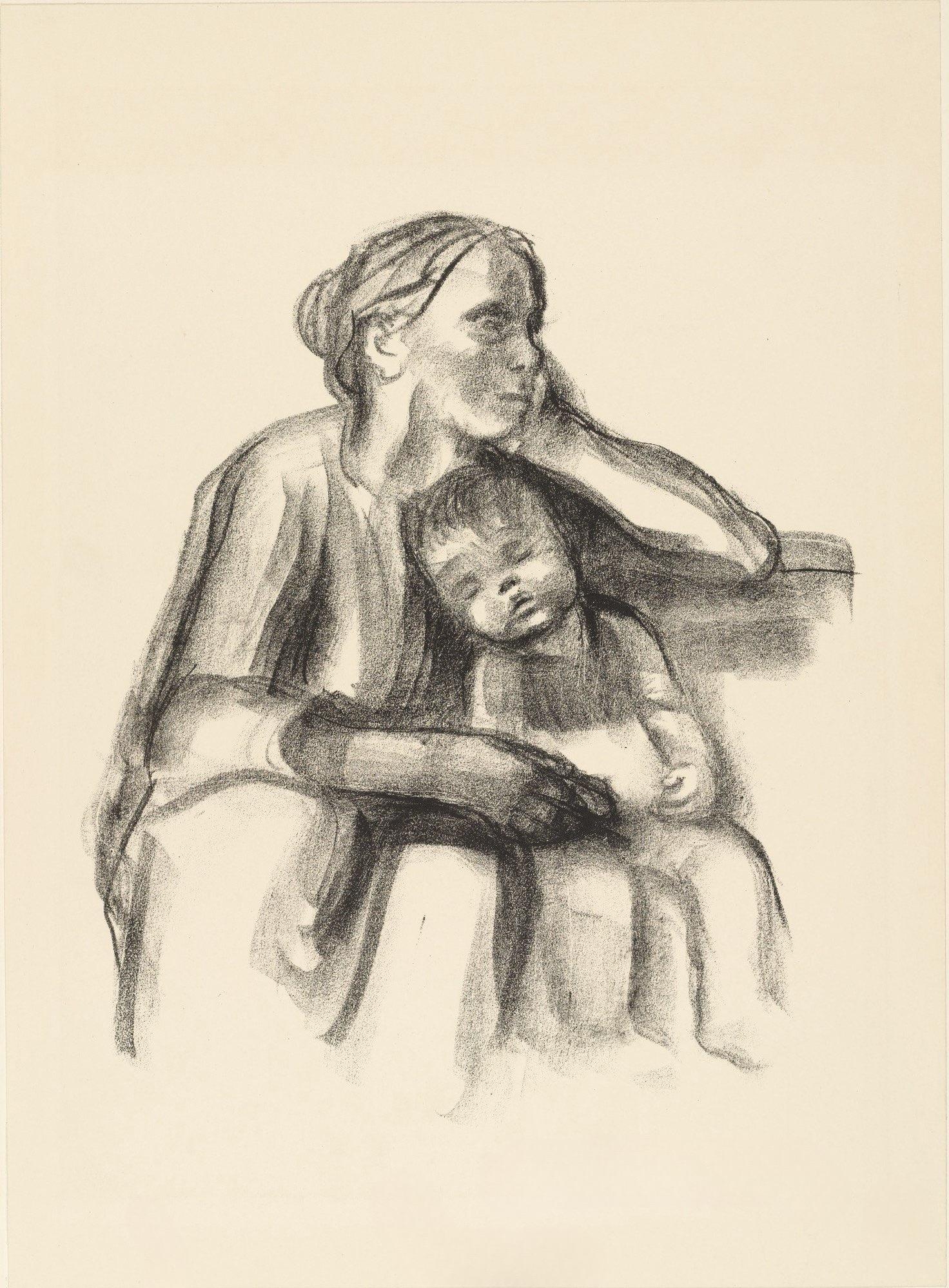 Kollwitz, Working-Class Woman with Sleeping Child  (after) - Beige Figurative Print by Käthe Kollwitz