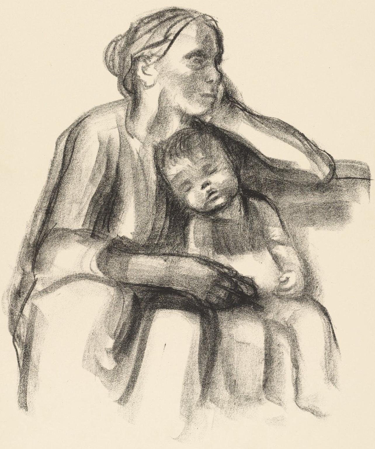 Käthe Kollwitz Figurative Print - Kollwitz, Working-Class Woman with Sleeping Child  (after)