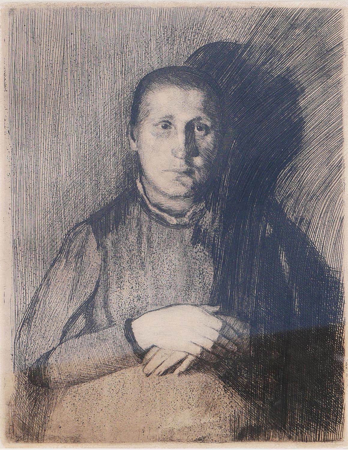 Pregnant Woman with Folded Hands Etching “Frau mit übereinandergelegten Händen” - Gray Figurative Print by Käthe Kollwitz
