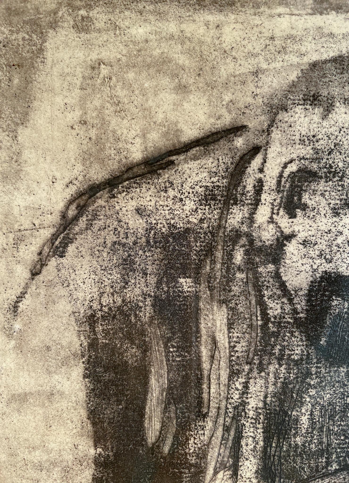 Figure abattue de Kather Kollwitz (1867-1945)
Gravure sur papier
11 ½ x 6 ¾ pouces non encadré (29,21 x 17,145 cm) 
20 x 15 pouces encadrés (50,8 x 38,1 cm) 

Description :
Dans cette gravure, Kathe Kollwitz rend une figure légèrement androgyne, en
