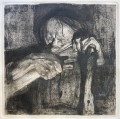 WOMAN SHARPENING A SCYTHE