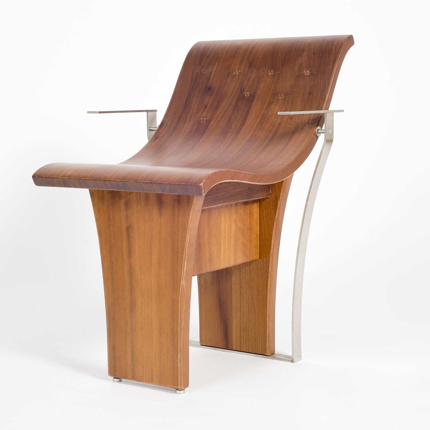 A study in form and function, this chair will infuse rustic, contemporary warmth into any interior. Made of solid iroko wood, this chair is marked by a wide seat, a delicately contoured low back, and dainty armrests in stainless steel: each design