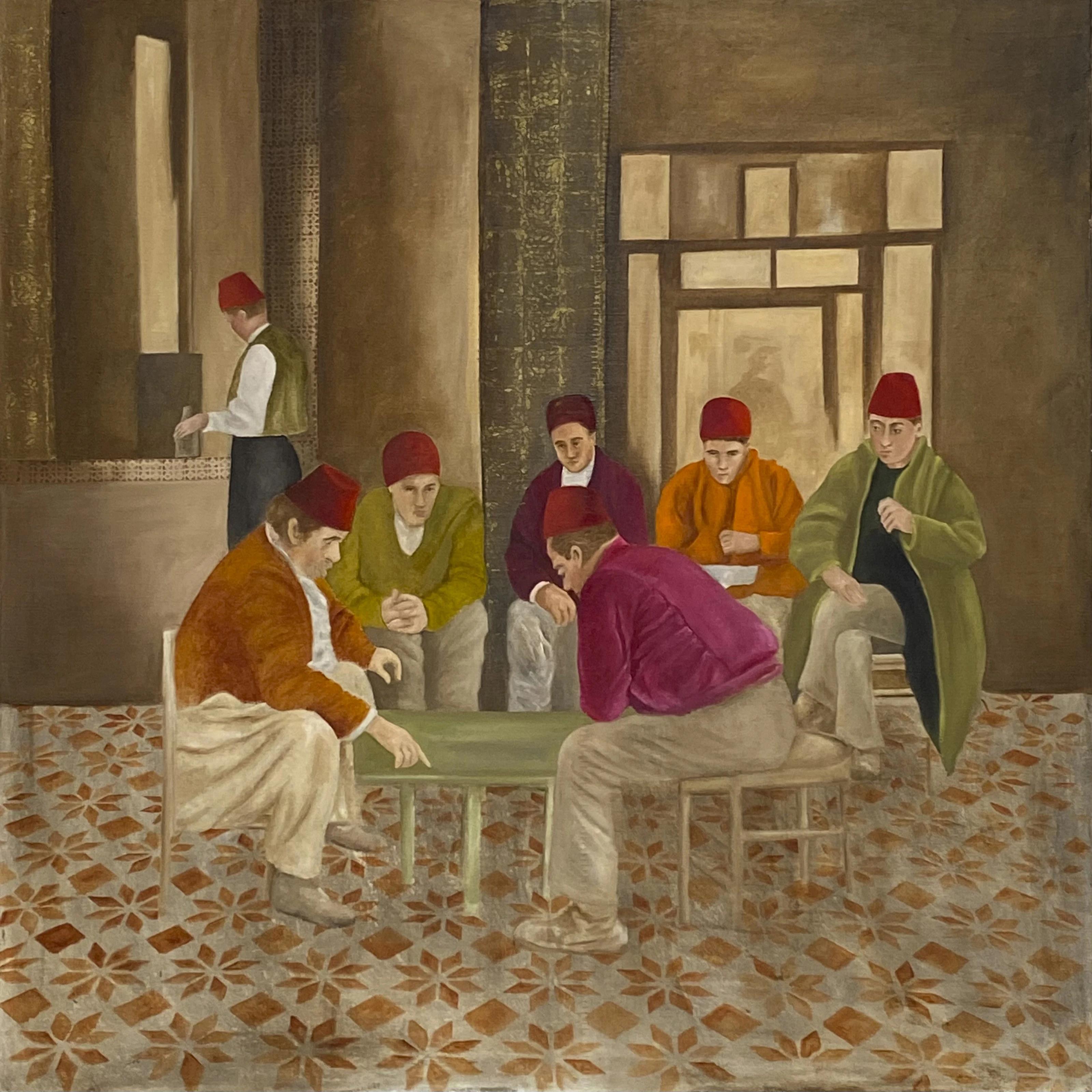 Katherine Bakhoum-Tisne Interior Painting - "Arabian Cafe I” Oil Painting 47" x 47" inch by Katherine Bakhoum Tisné