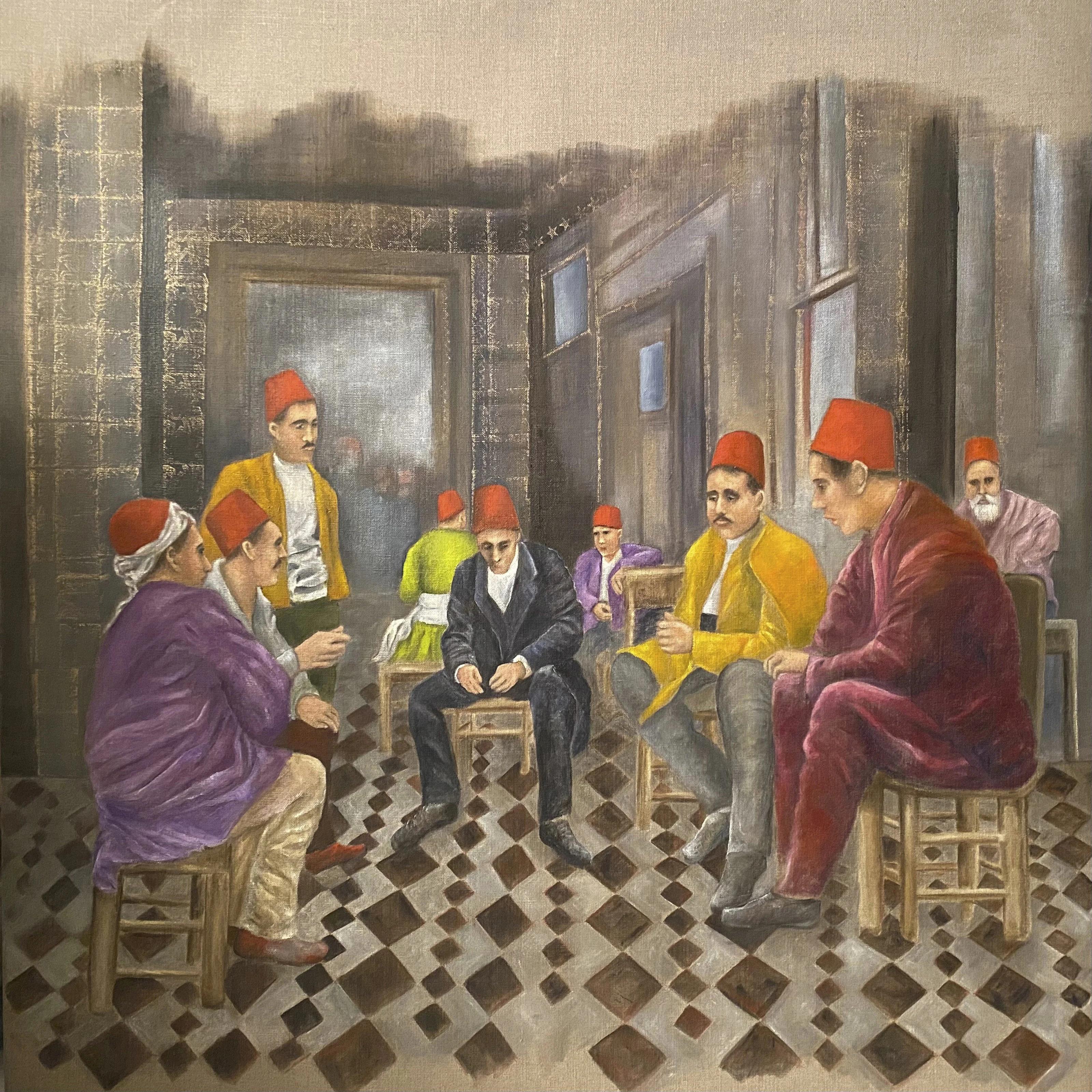 Katherine Bakhoum-Tisne Interior Painting - "Arabian Cafe II” Oil Painting 47" x 47" inch by Katherine Bakhoum Tisné