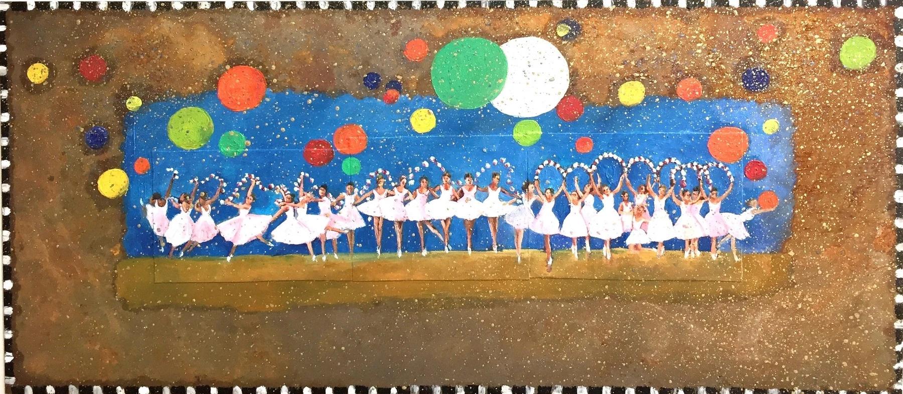 Katherine Bakhoum-Tisne Still-Life Painting - "Ballerinas" Painting 8" x 18" inch by Katherine Bakhoum Tisné