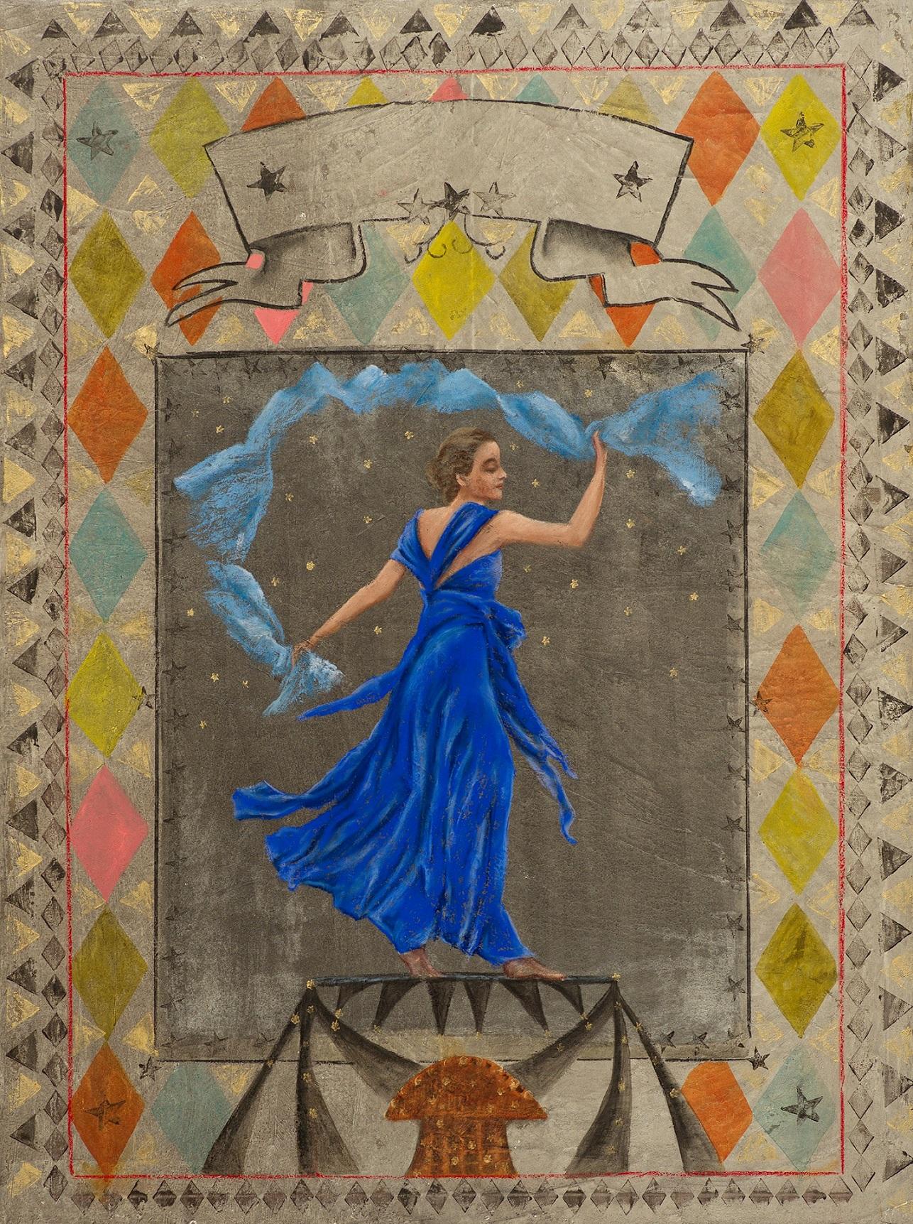Katherine Bakhoum-Tisne Figurative Painting - "Danseuse Bleue” Painting in Glass Frame 51" x 38"in by Katherine Bakhoum Tisné