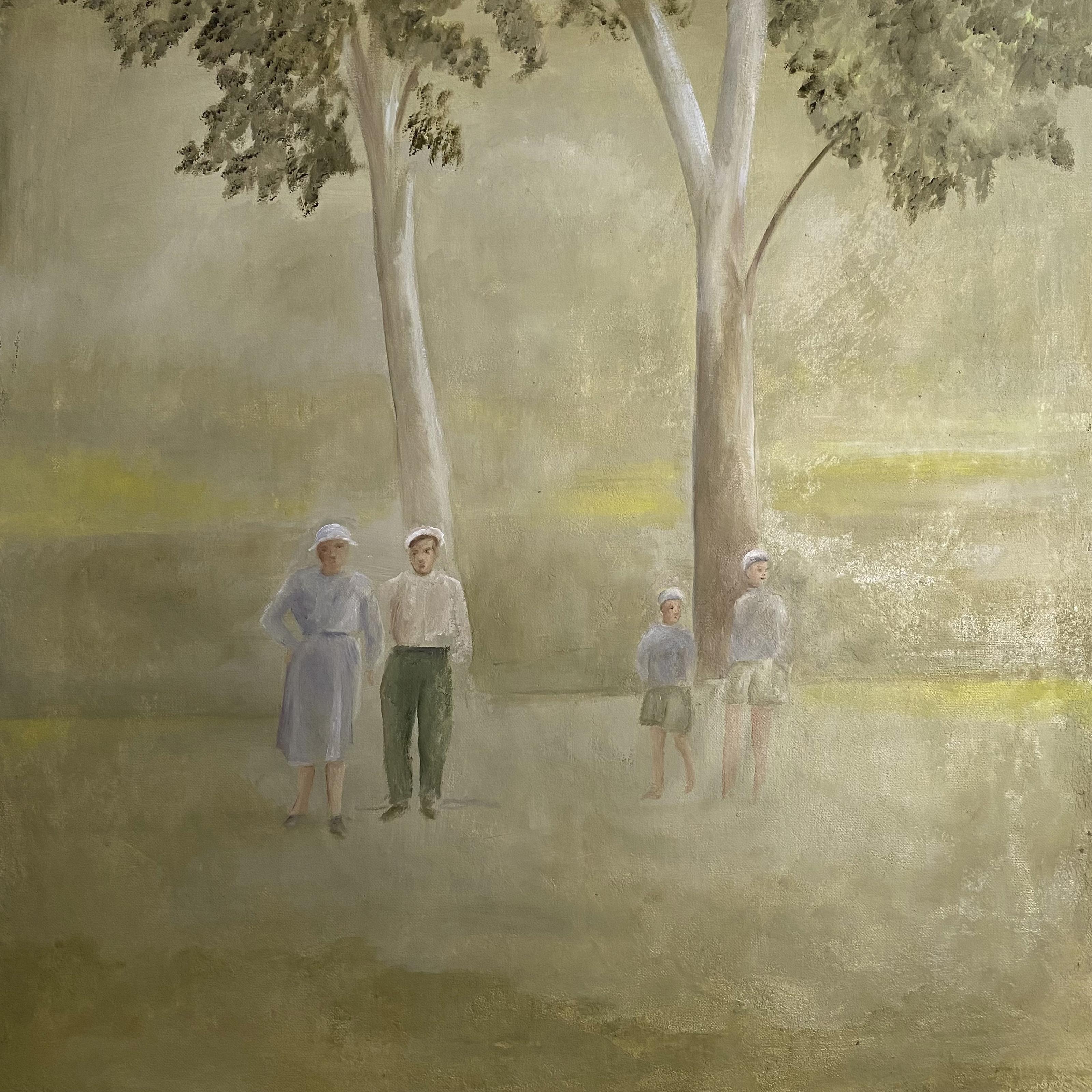 Figurative Painting Katherine Bakhoum-Tisne - "Famille" Peinture à l'huile 25.5" x 25.5" inch par Katherine Bakhoum Tisné