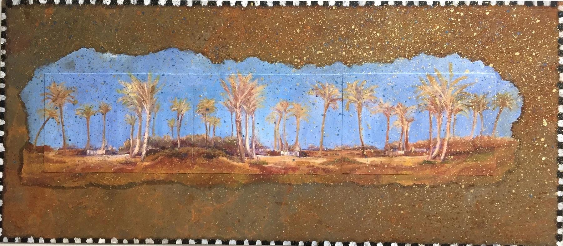 "Palmeras doradas" Pintura de paisaje 6" x 14" pulgadas por Katherine Bakhoum Tisné