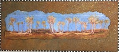 "Palmeras doradas" Pintura de paisaje 6" x 14" pulgadas por Katherine Bakhoum Tisné
