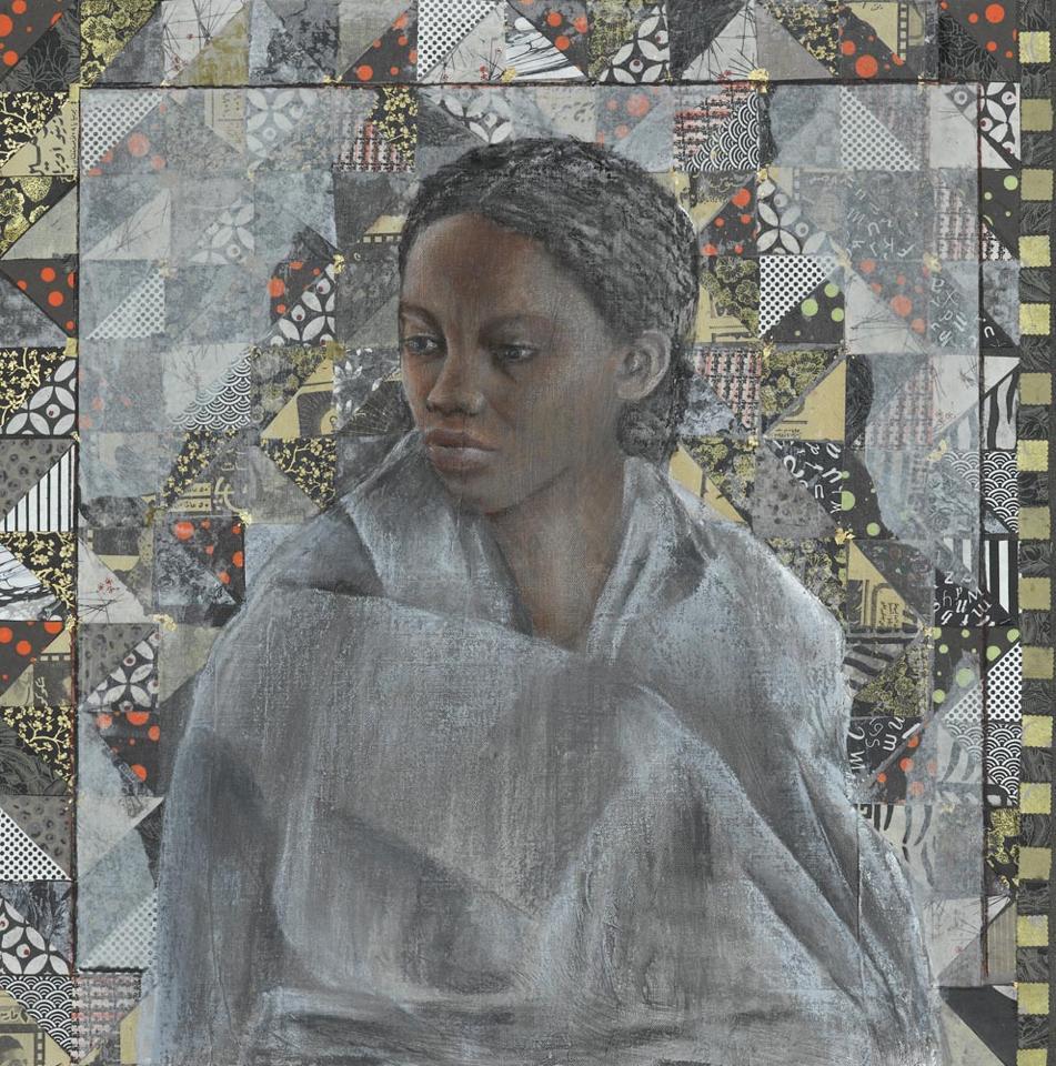 Katherine Bakhoum-Tisne Portrait Painting - "La Femme en Gris" Painting in Glass Frame 25"x25"in by Katherine Bakhoum Tisné