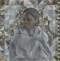 "La Femme en Gris" Painting in Glass Frame 25"x25"in by Katherine Bakhoum Tisné
