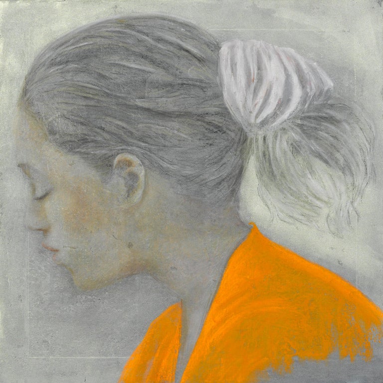 Katherine Bakhoum-Tisne Portrait Painting - "La Petite Fille Orange" Painting 25" x 25" inch by Katherine Bakhoum Tisné