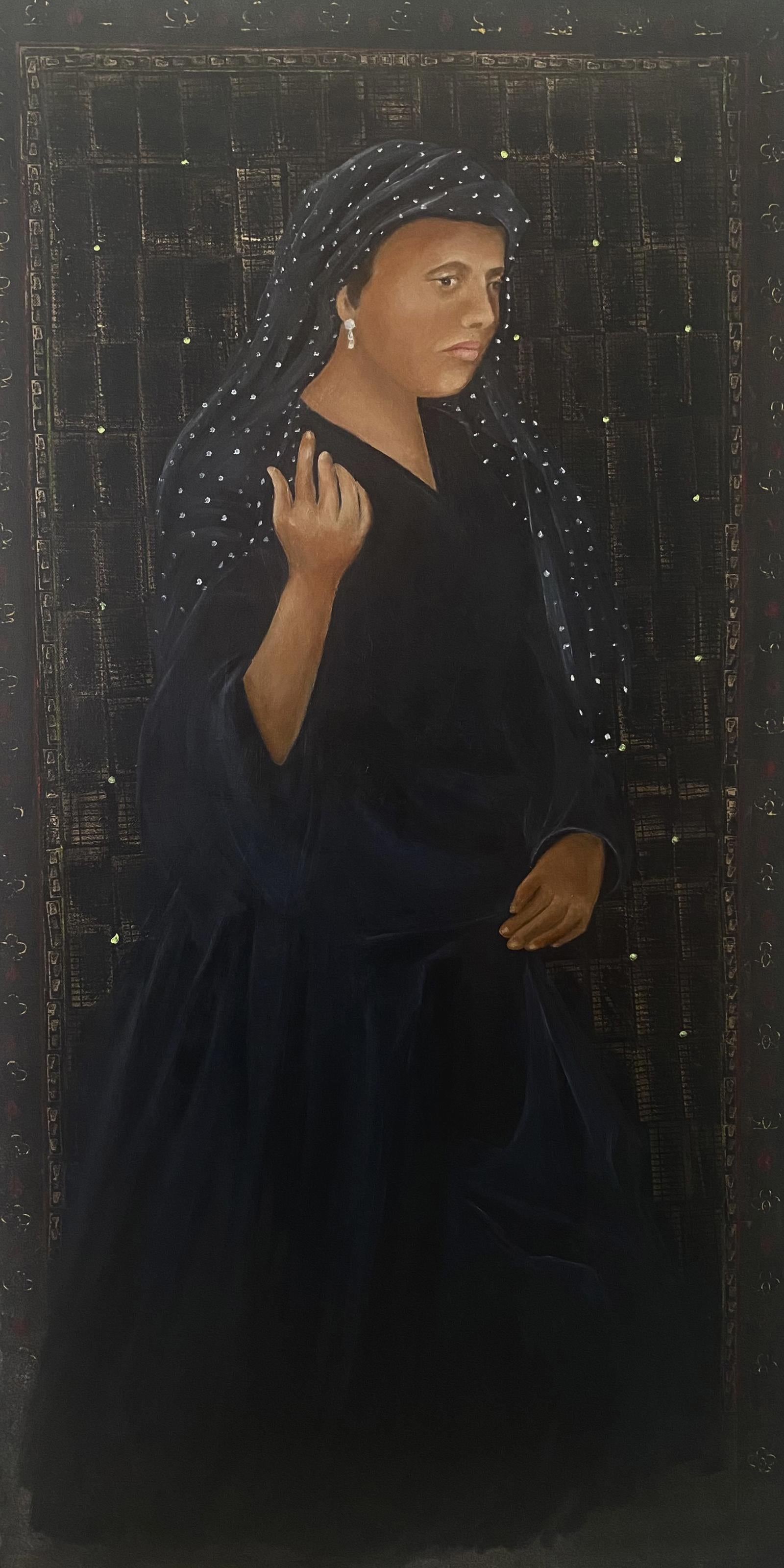 Katherine Bakhoum-Tisne Figurative Painting - "Lady in Black” Oil Painting 53" x 27.5" inch by Katherine Bakhoum Tisné