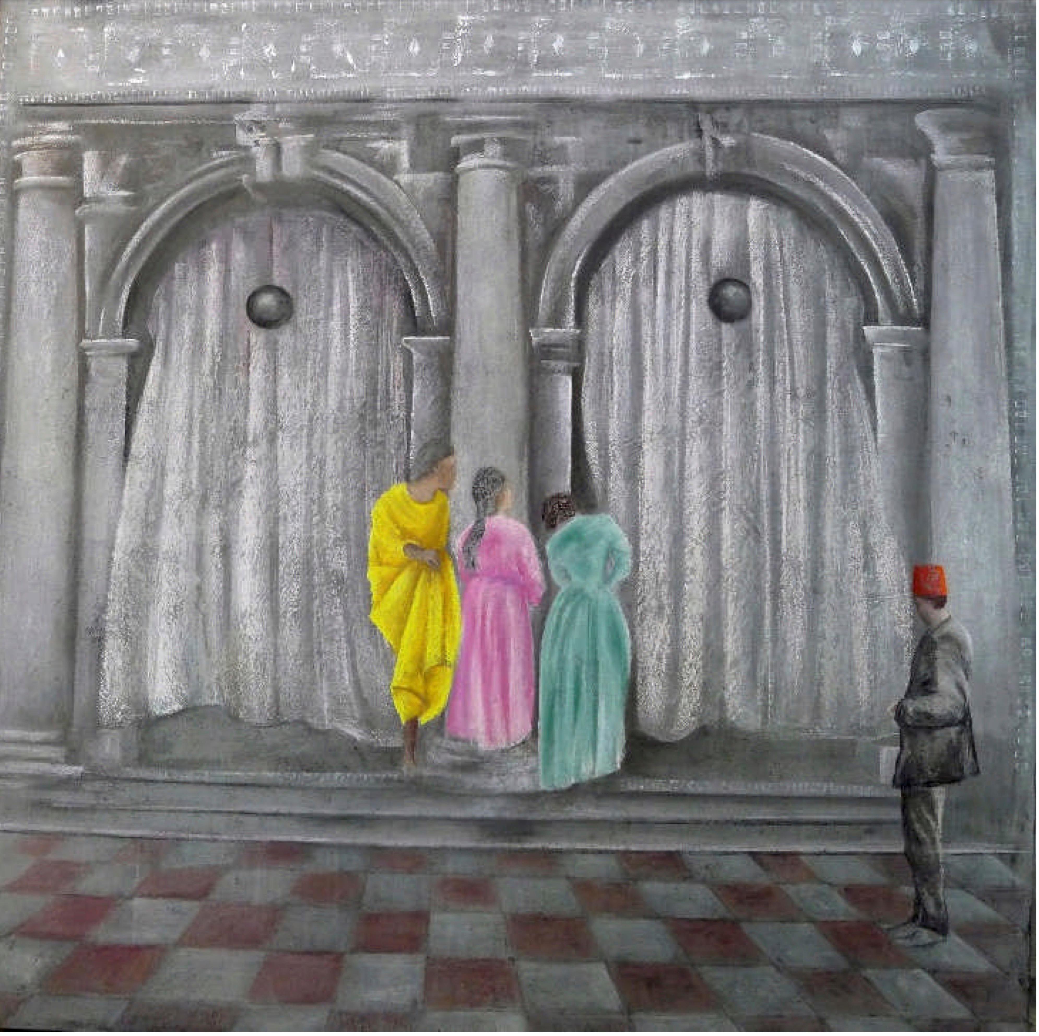 Katherine Bakhoum-Tisne Figurative Painting - "Les 3 Graces” Painting in Glass Frame 47" x 47" in by Katherine Bakhoum Tisné