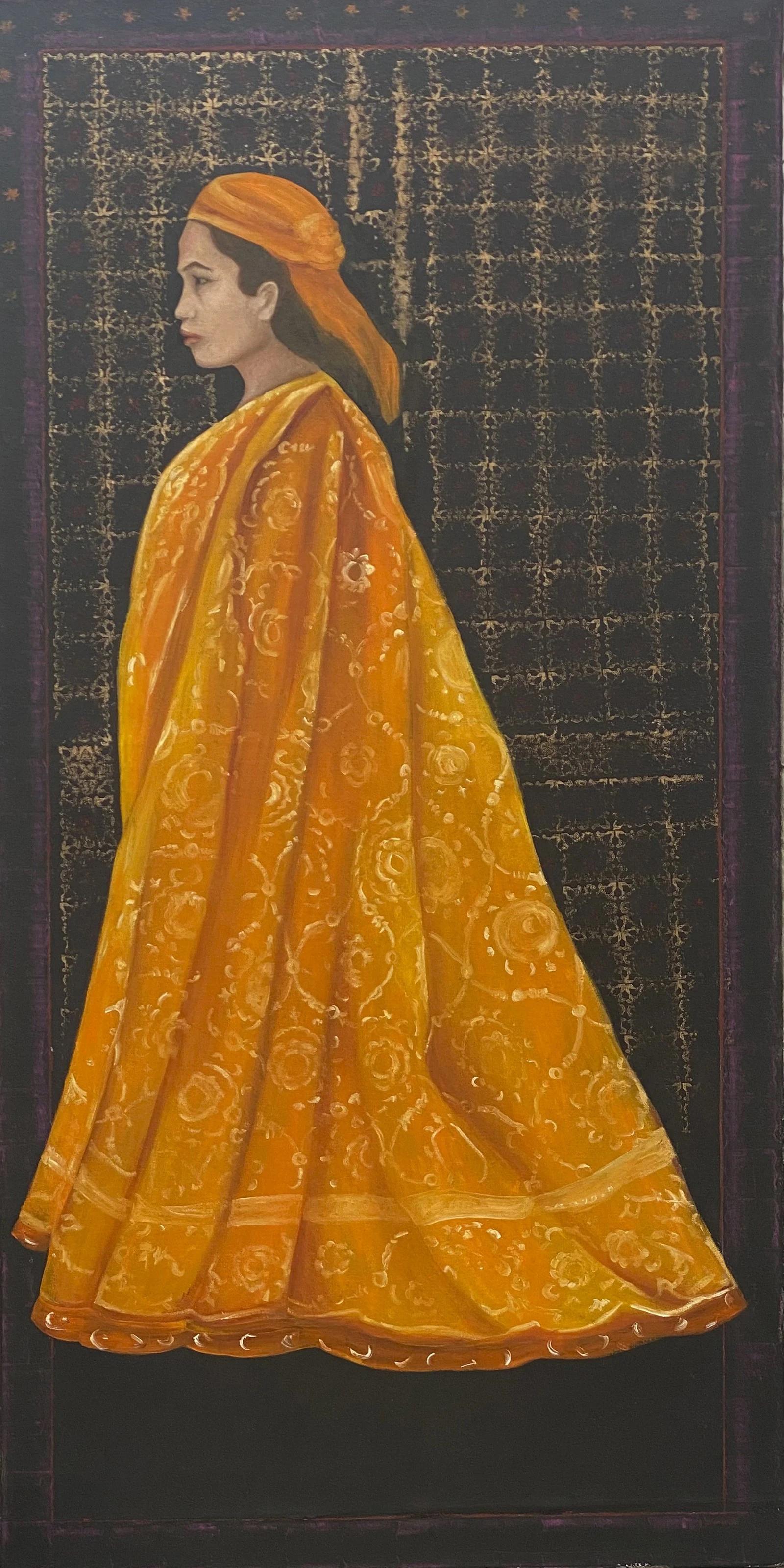 Katherine Bakhoum-Tisne Interior Painting - "Orange Robe” Oil Painting 53" x 27.5" inch by Katherine Bakhoum Tisné