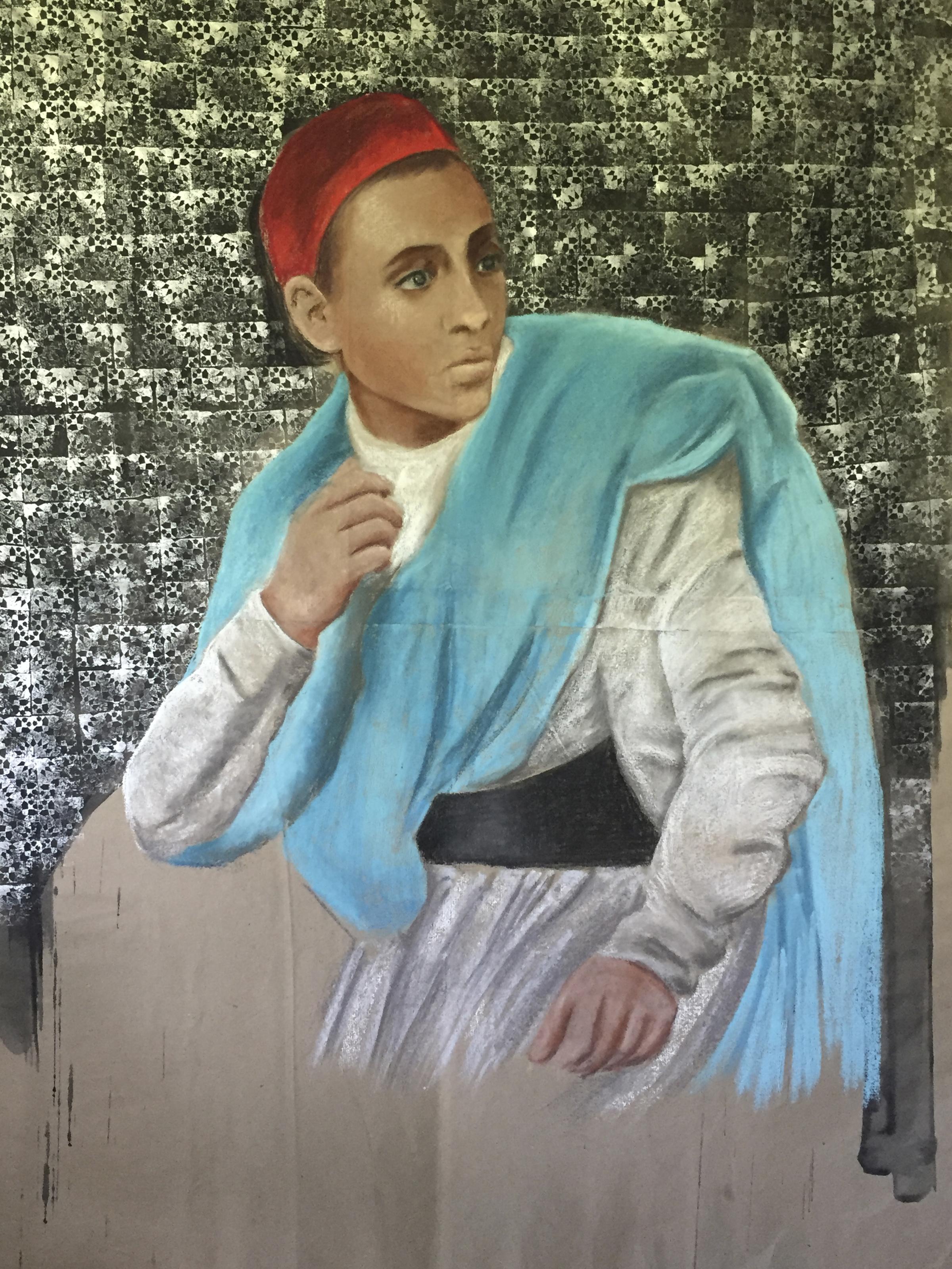 Katherine Bakhoum-Tisne Portrait Painting - "Portrait Turquoise” Oil Painting 63" x 47" inch by Katherine Bakhoum Tisné
