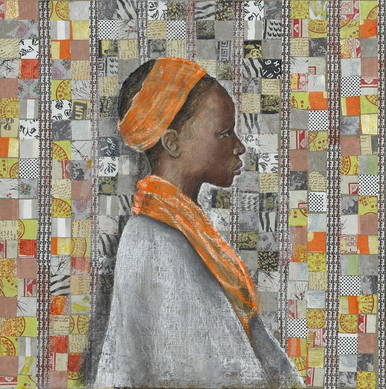 Katherine Bakhoum-Tisne Portrait Painting - "Profil Orange" Painting in Glass Frame 25" x 25" in by Katherine Bakhoum Tisné