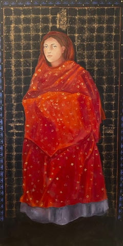 "Red Drapery” Oil Painting 53" x 27.5" inch by Katherine Bakhoum Tisné