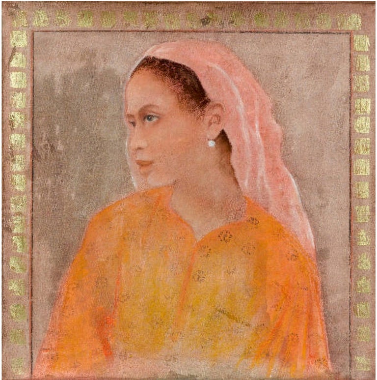 Katherine Bakhoum-Tisne Figurative Painting - "Rêveuse" Painting in Glass Frame 25" x 25" inch by Katherine Bakhoum Tisné
