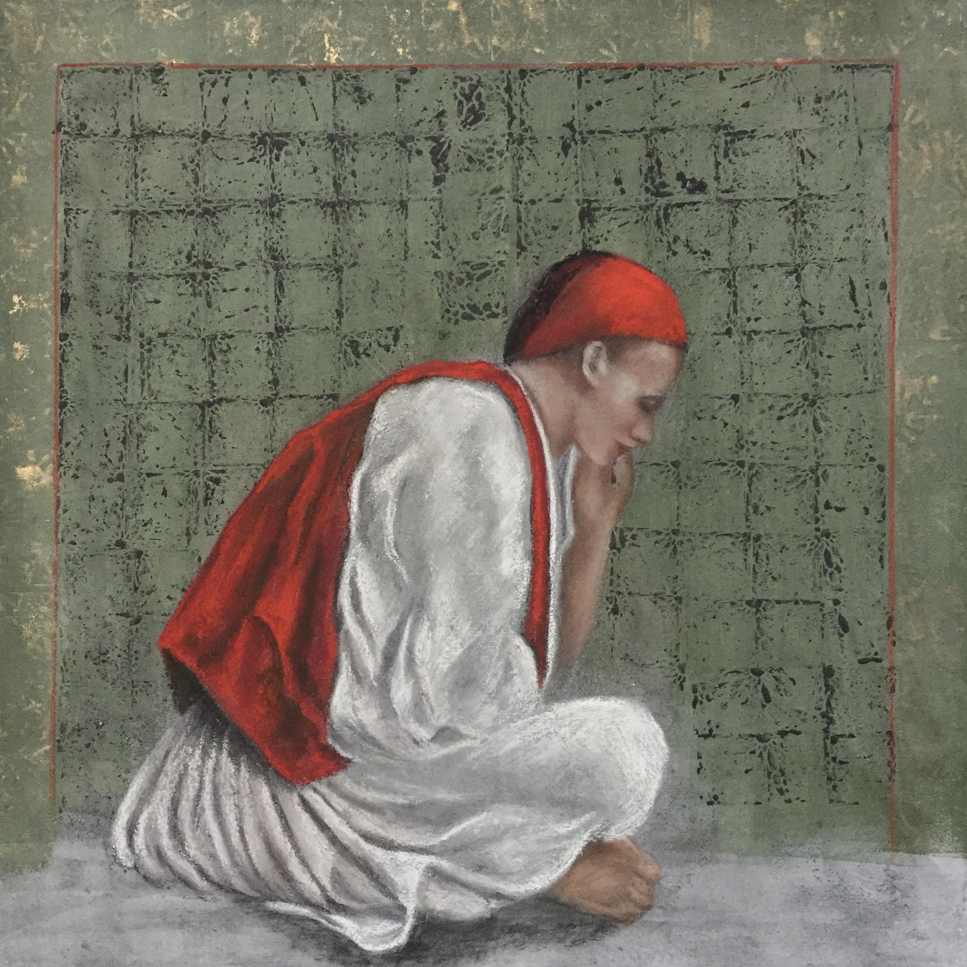 Katherine Bakhoum-Tisne Portrait Painting - "Seated Worshipper” Painting 25.5" x 25.5" inch by Katherine Bakhoum Tisné