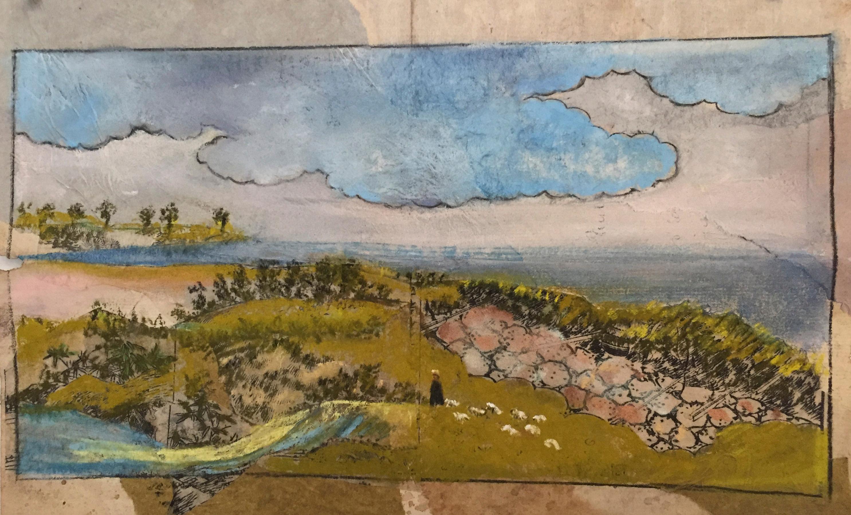 Landscape Painting Katherine Bakhoum-Tisne - "Hilltop" - Peinture multimédia de Katherine Bakhoum Tisné (8 x 12 pouces)