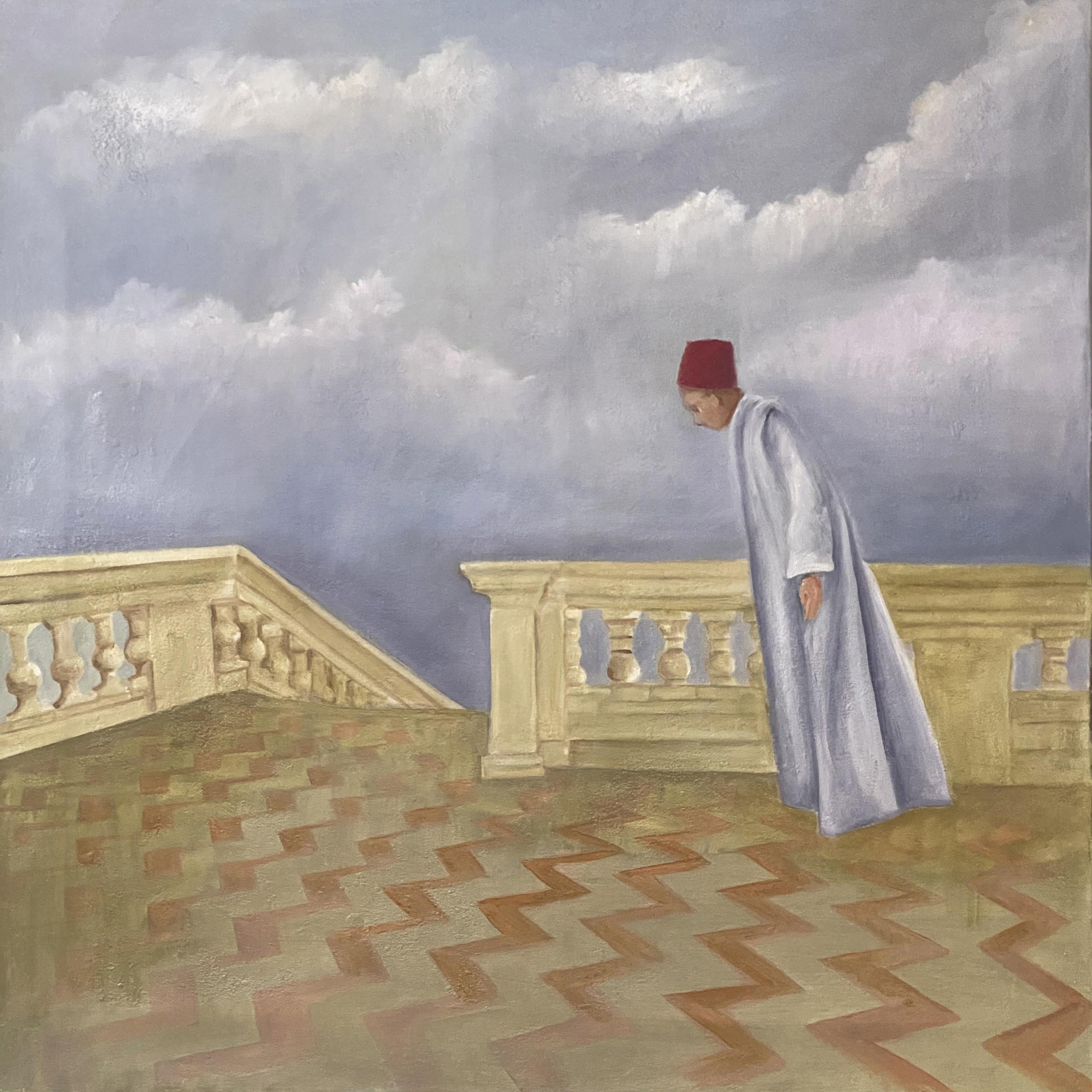 Katherine Bakhoum-Tisne Landscape Painting - "Sur la Terrace” Oil Painting 25.5" x 25.5" inch by Katherine Bakhoum Tisné