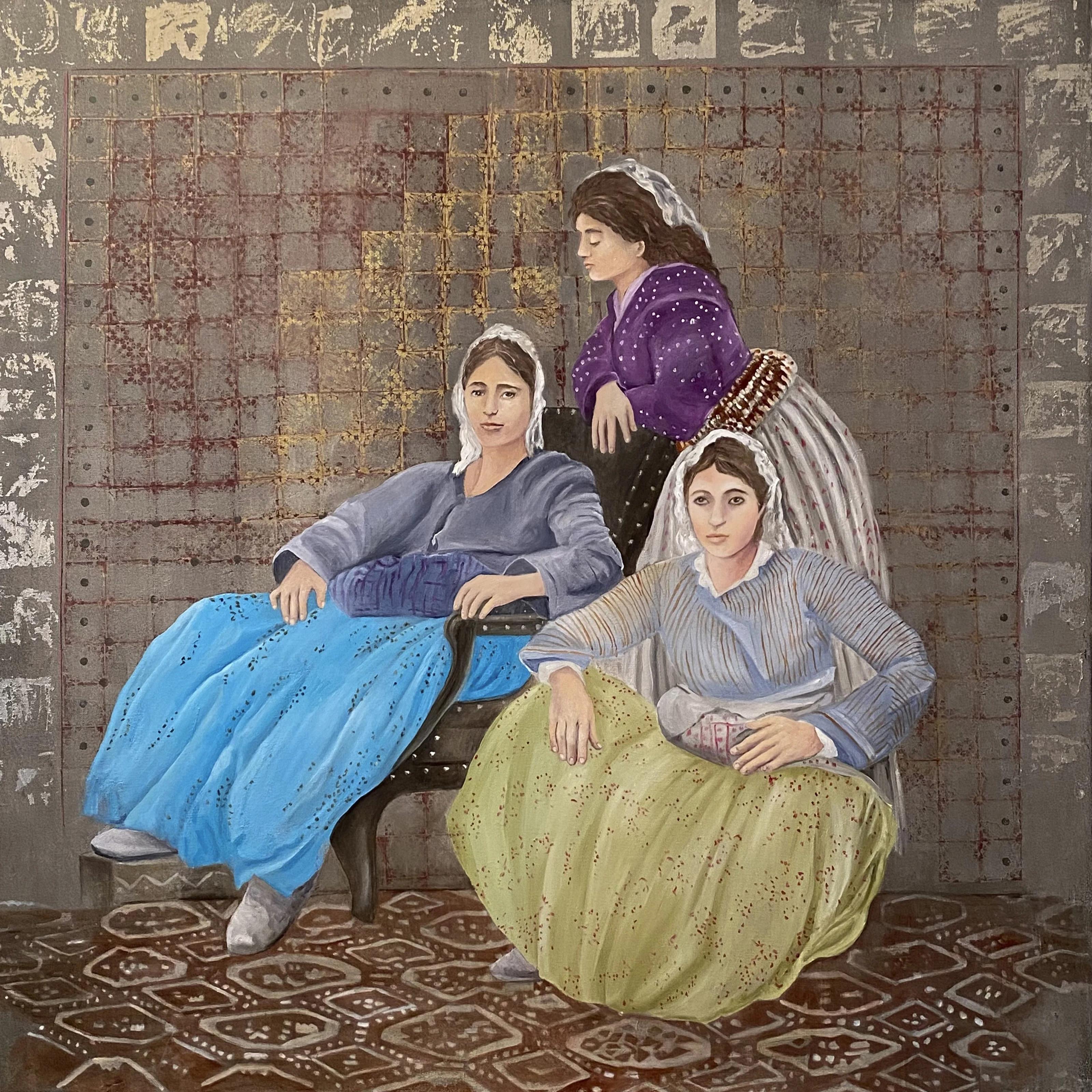 Katherine Bakhoum-Tisne Interior Painting - "Three Graces” Oil Painting 47" x 47" inch by Katherine Bakhoum Tisné