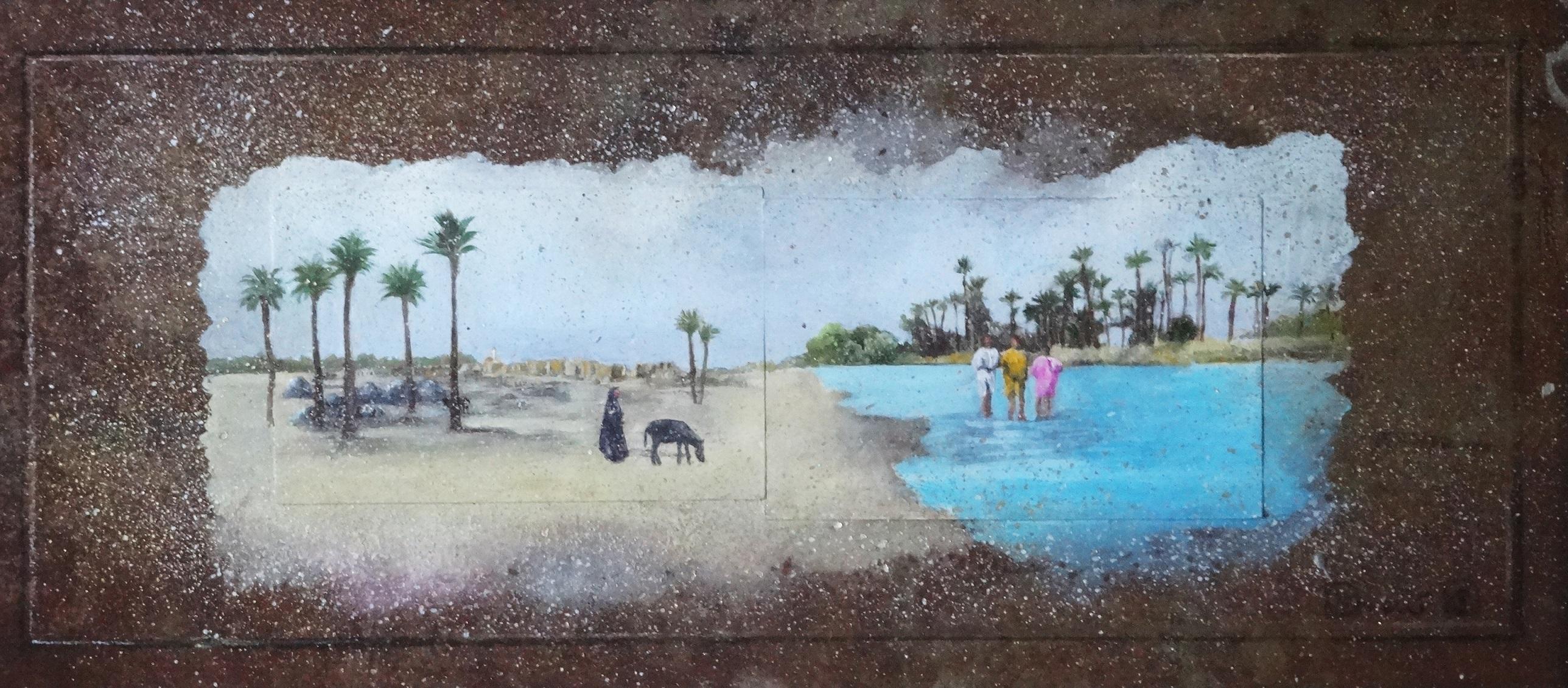 Katherine Bakhoum-Tisne Still-Life Painting - "Oasis Shore" Painting 8" x 18" inch by Katherine Bakhoum Tisné