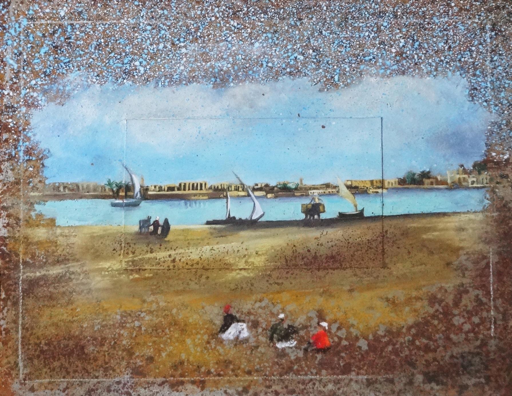 Katherine Bakhoum-Tisne Landscape Painting - "Untitled 30" Mixed Media Painting in Glass Frame by Katherine Bakhoum Tisné