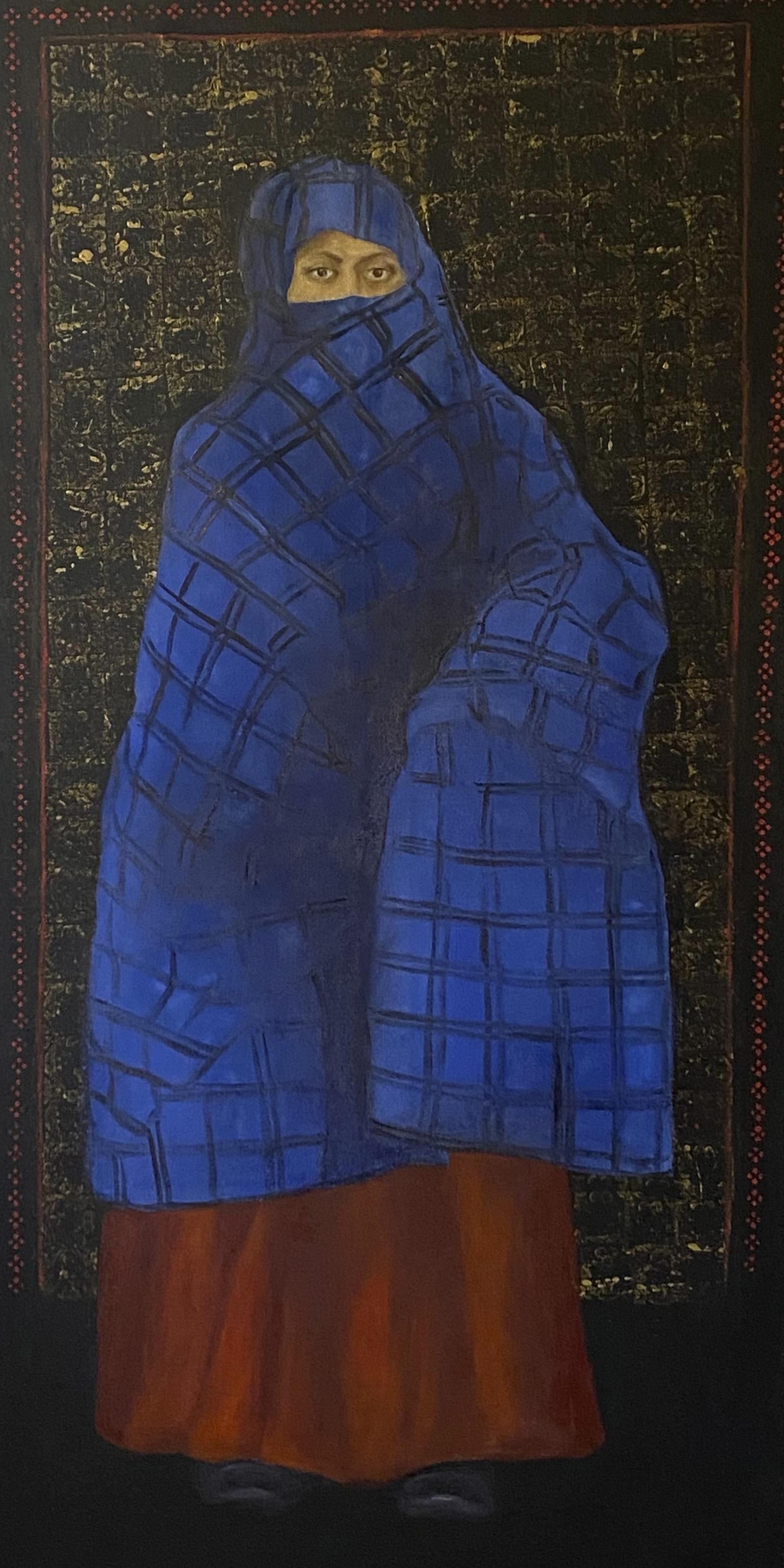 Katherine Bakhoum-Tisne Interior Painting - "Woman in Blue” Oil Painting 53" x 27.5" inch by Katherine Bakhoum Tisné