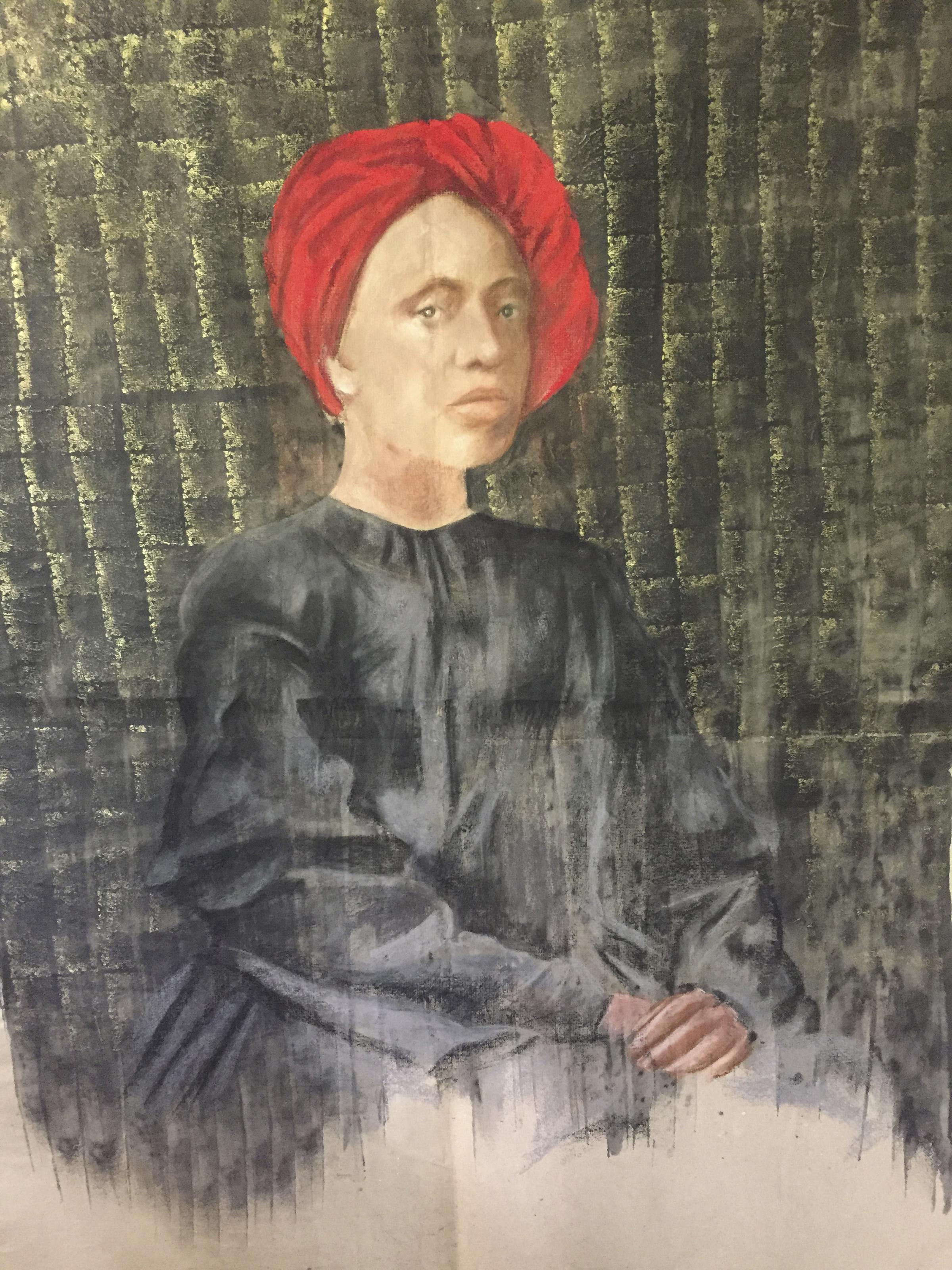 Portrait Painting Katherine Bakhoum-Tisne - "Femme au turban rouge Peinture à l'huile 63" x 47" inch par Katherine Bakhoum Tisné