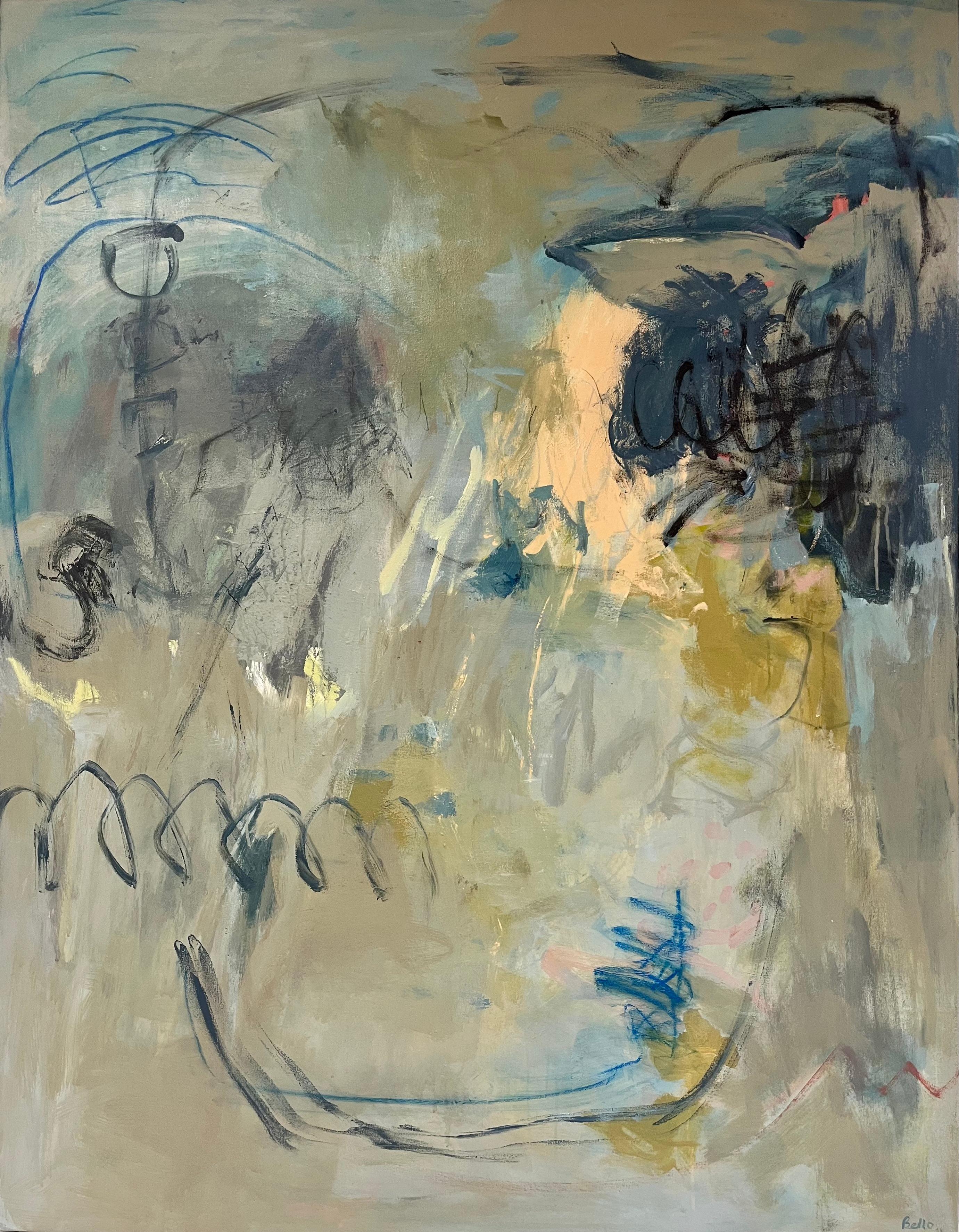Katherine Bello Abstract Painting - About Time (Abstract, Expressionist, Blue, Beige, Grey, Atmospheric, ~20% OFF)