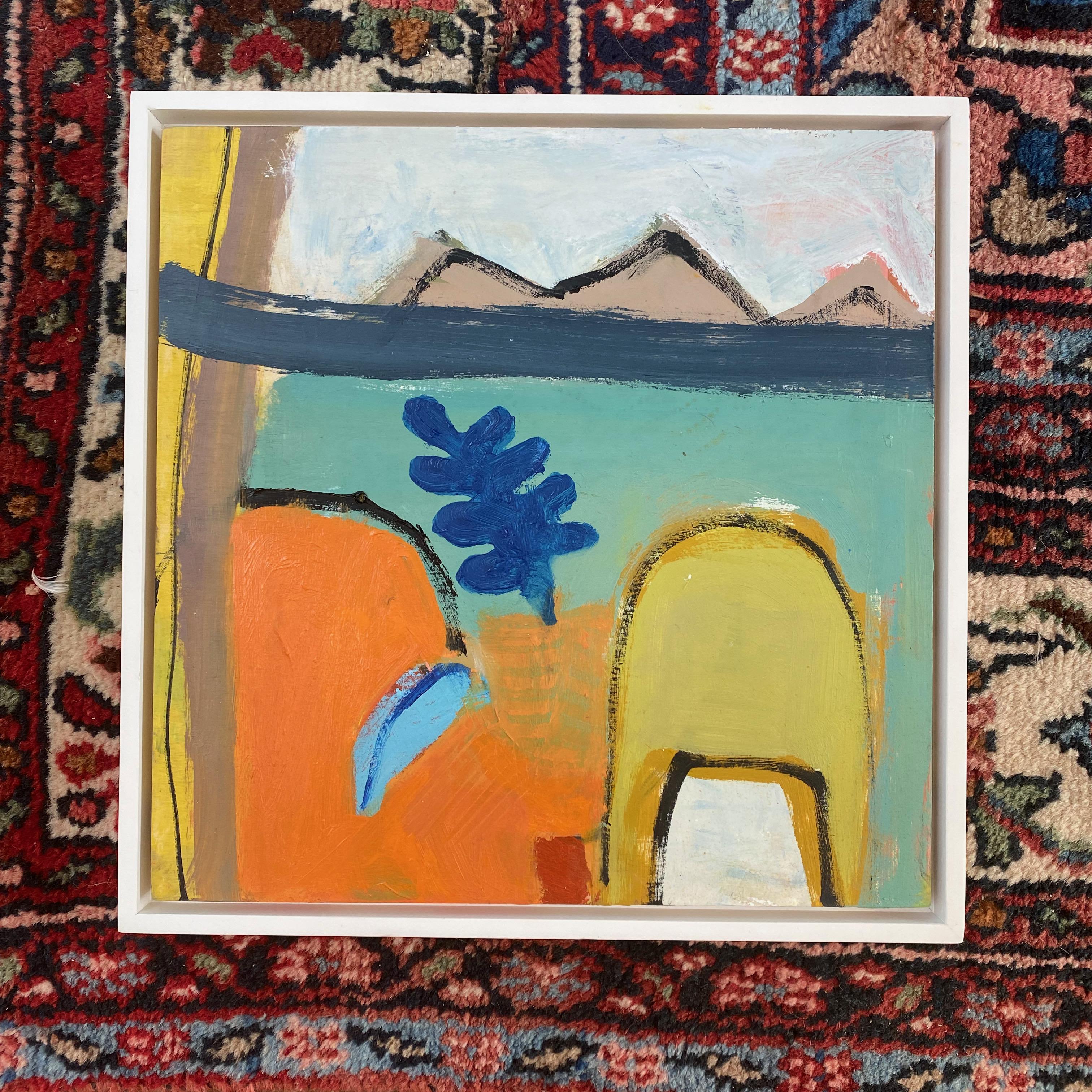 Interno con cuscino blu - Painting Contemporaneo di Katherine Bello