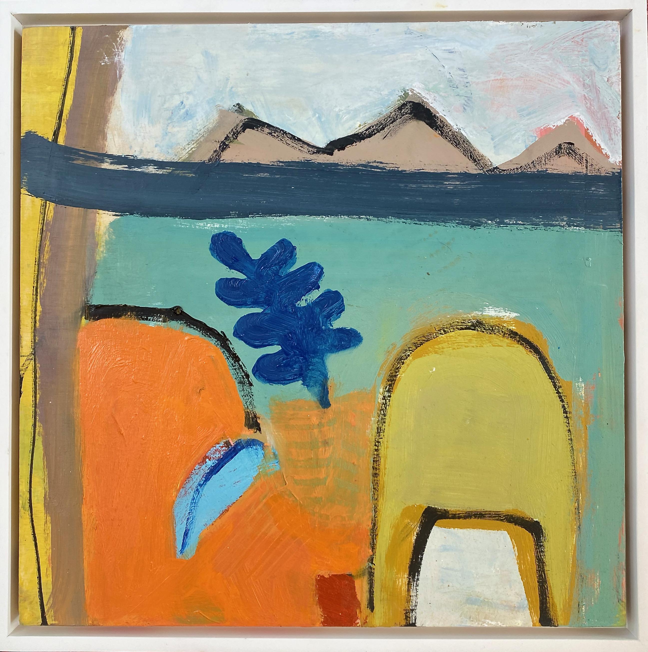 Interno con cuscino blu - Painting di Katherine Bello