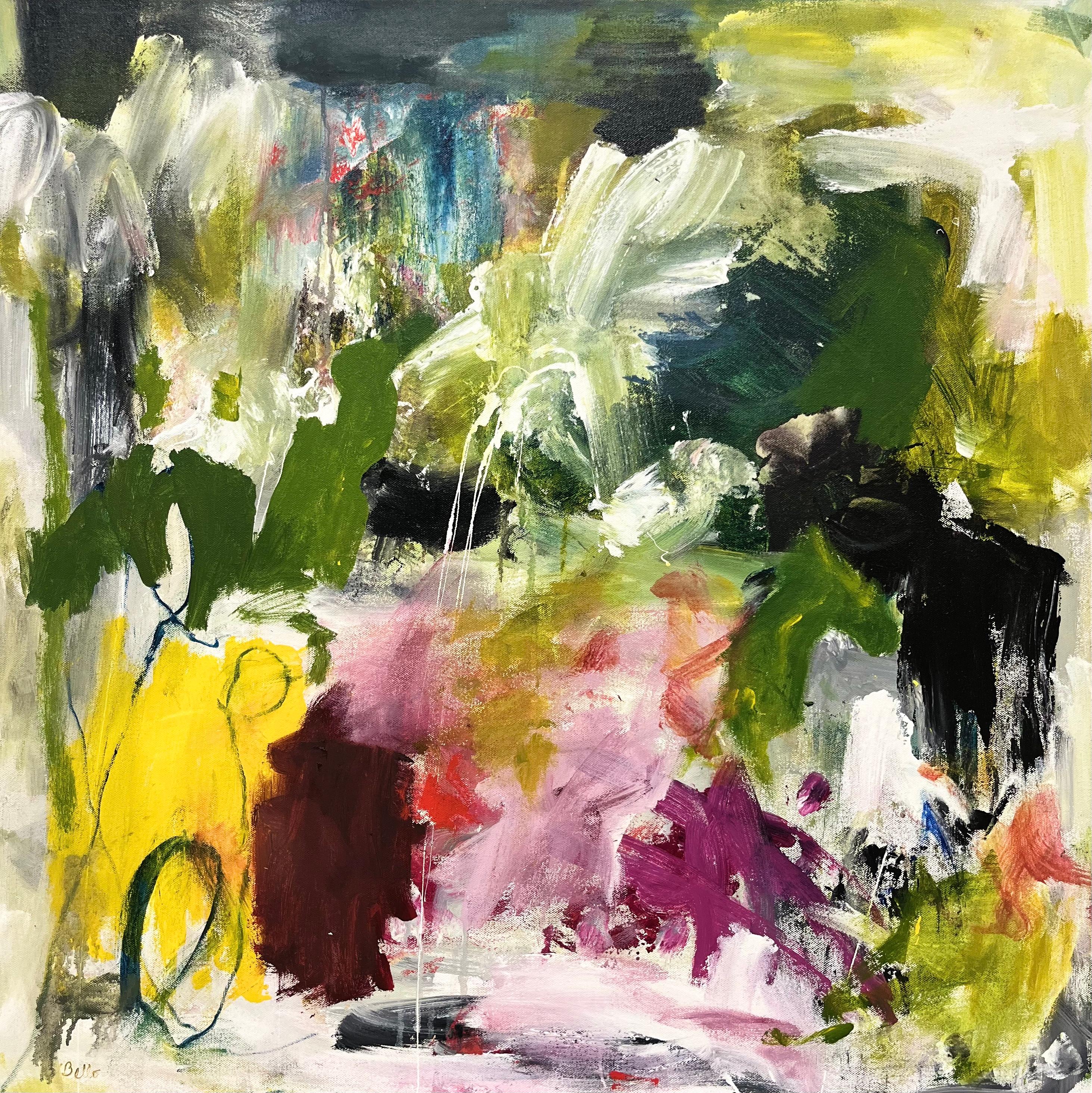 Summer Rain (Abstract, Expressionism, Vibrant, Green, Teal, Pink, ~25% OFF) - Painting by Katherine Bello