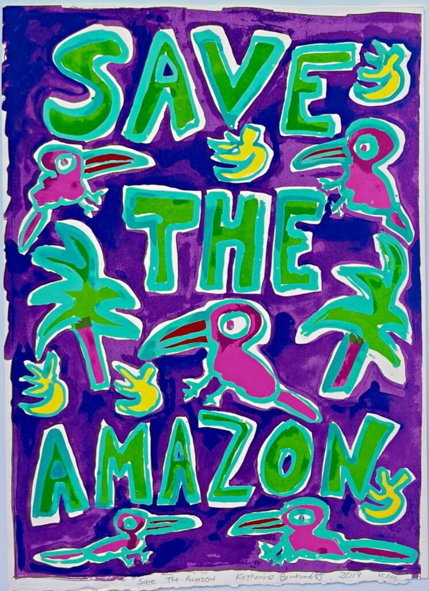 Katherine Bernhardt Abstract Print - Save the Amazon,  13 color silkscreen signed/n by renowned American artist Birds