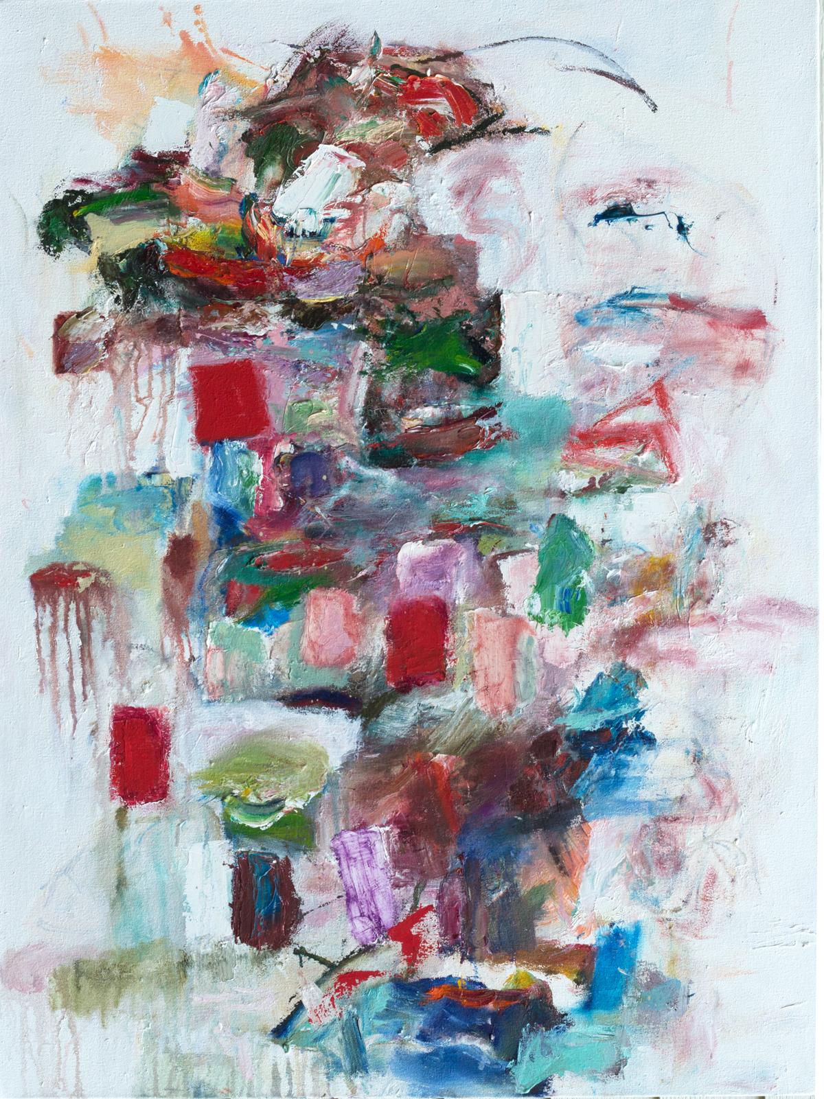 "Building Promises", abstract, blue, red, green, pink, purple, oil painting - Painting by Katherine Borkowski-Byrne
