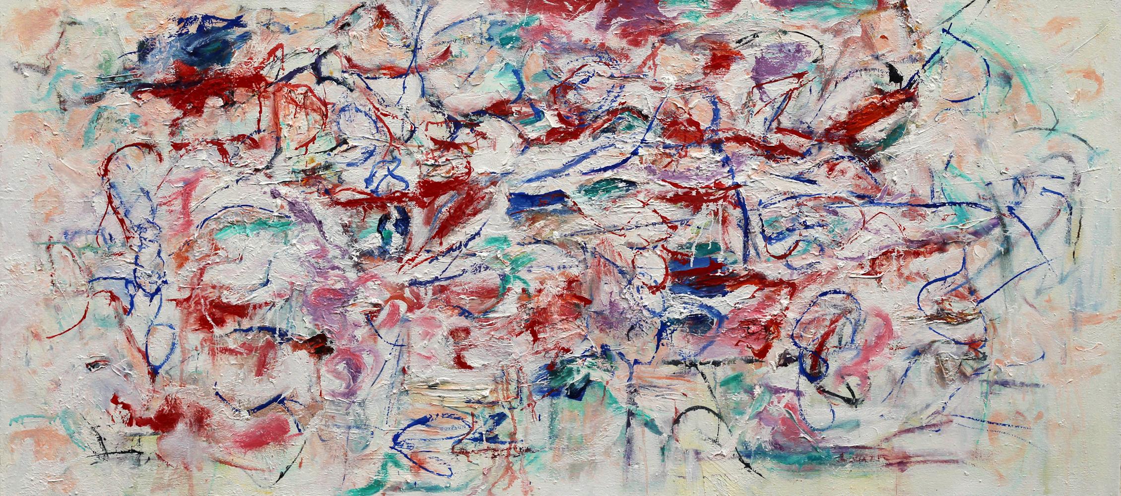 Katherine Borkowski-Byrne’s “Bumpy Road” is a colorful abstract 28 x 62 x 1.5 inch oil painting on canvas with very thick spontaneous brushwork in saturated reds and blues on a white background. This emotionally raw and expressionist painting