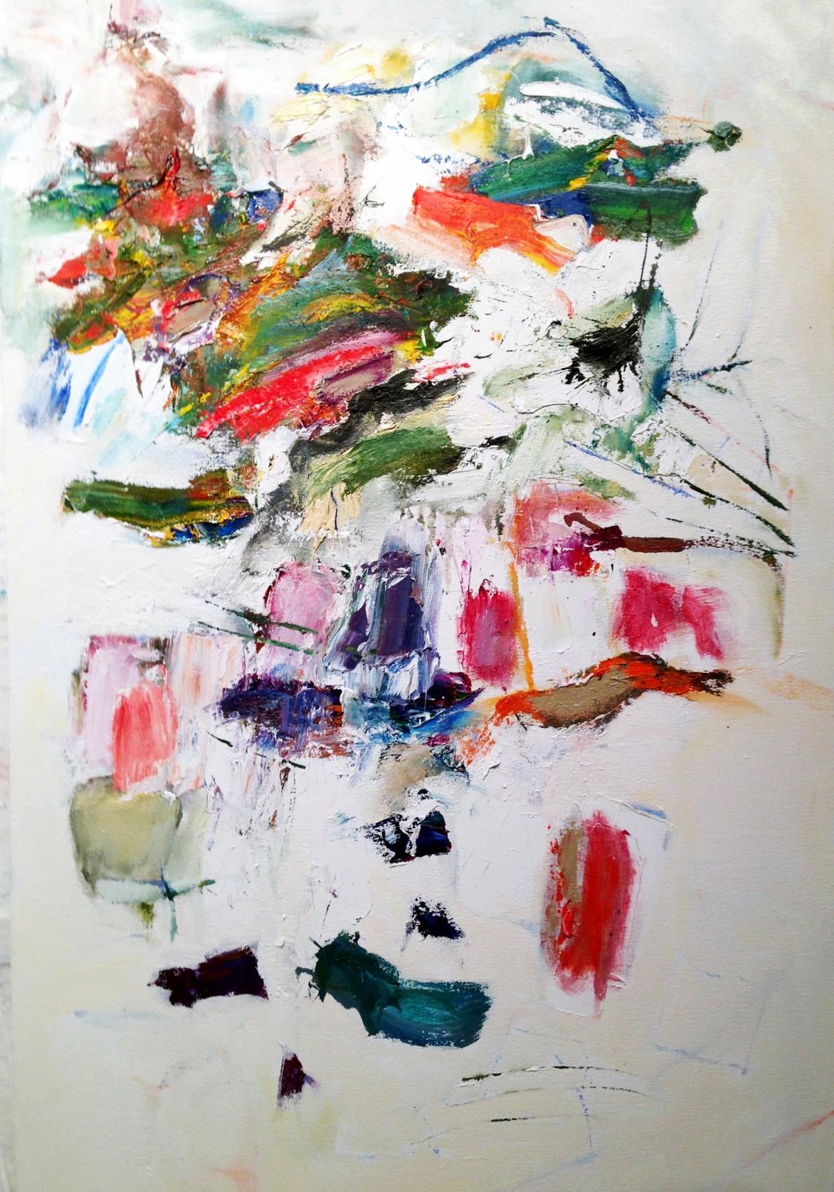 "Coming Home", abstract, red, blue, green, white, oil painting - Painting by Katherine Borkowski-Byrne