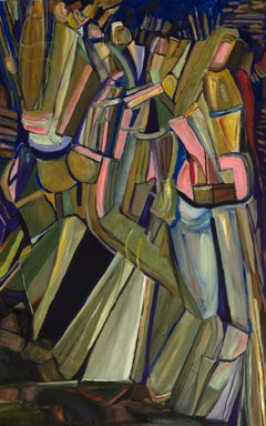 « Duchamp Descending », peinture à l'huile abstraite, verts, bleus, bruns, rouges