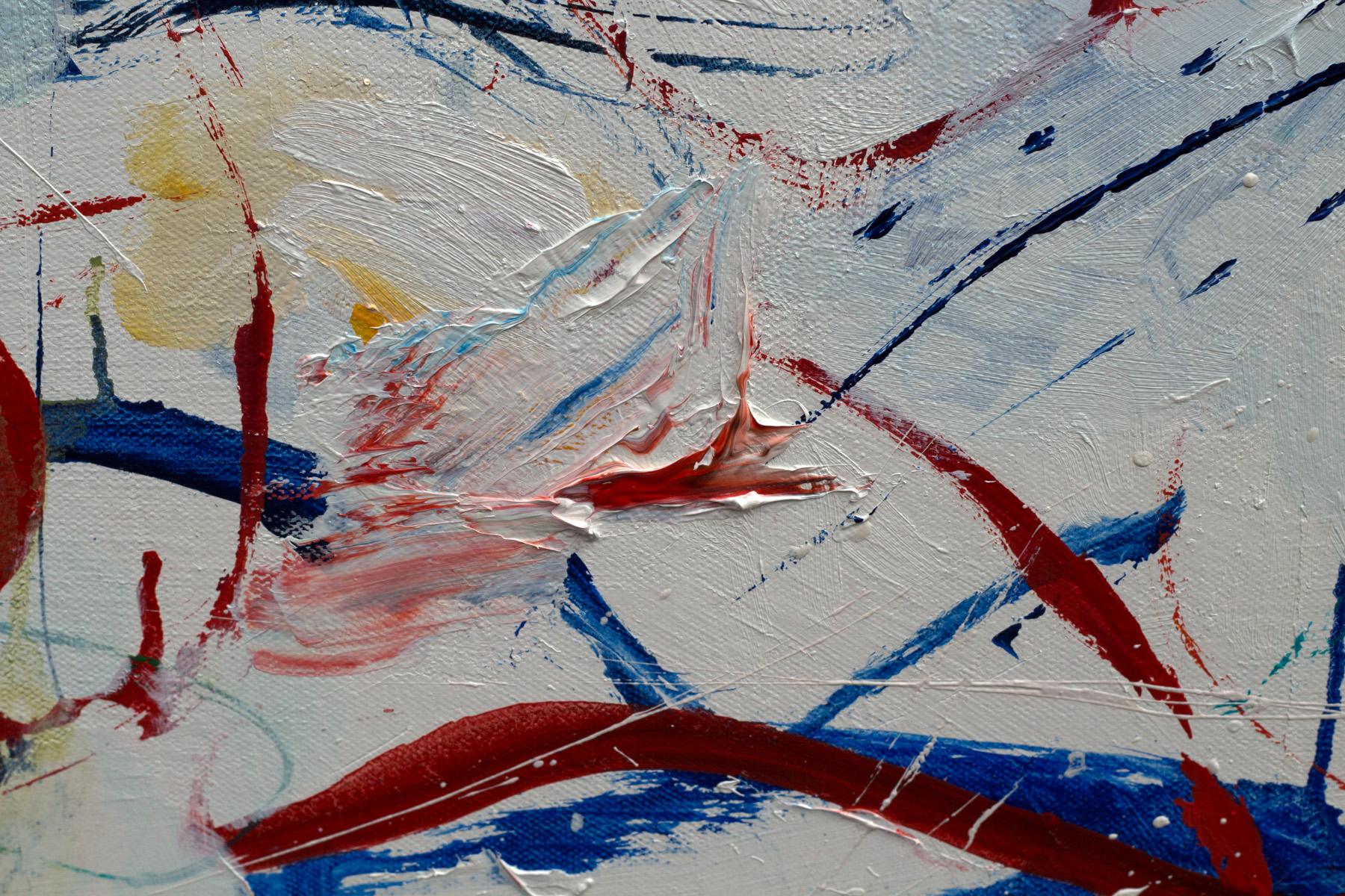 Katherine Borkowski-Byrne’s “Entanglements” is a colorful abstract 36 x 42 x 1.5 inch oil painting on canvas with very thick spontaneous brushwork in saturated red, blues and yellows on a white background. This emotionally raw and expressionist